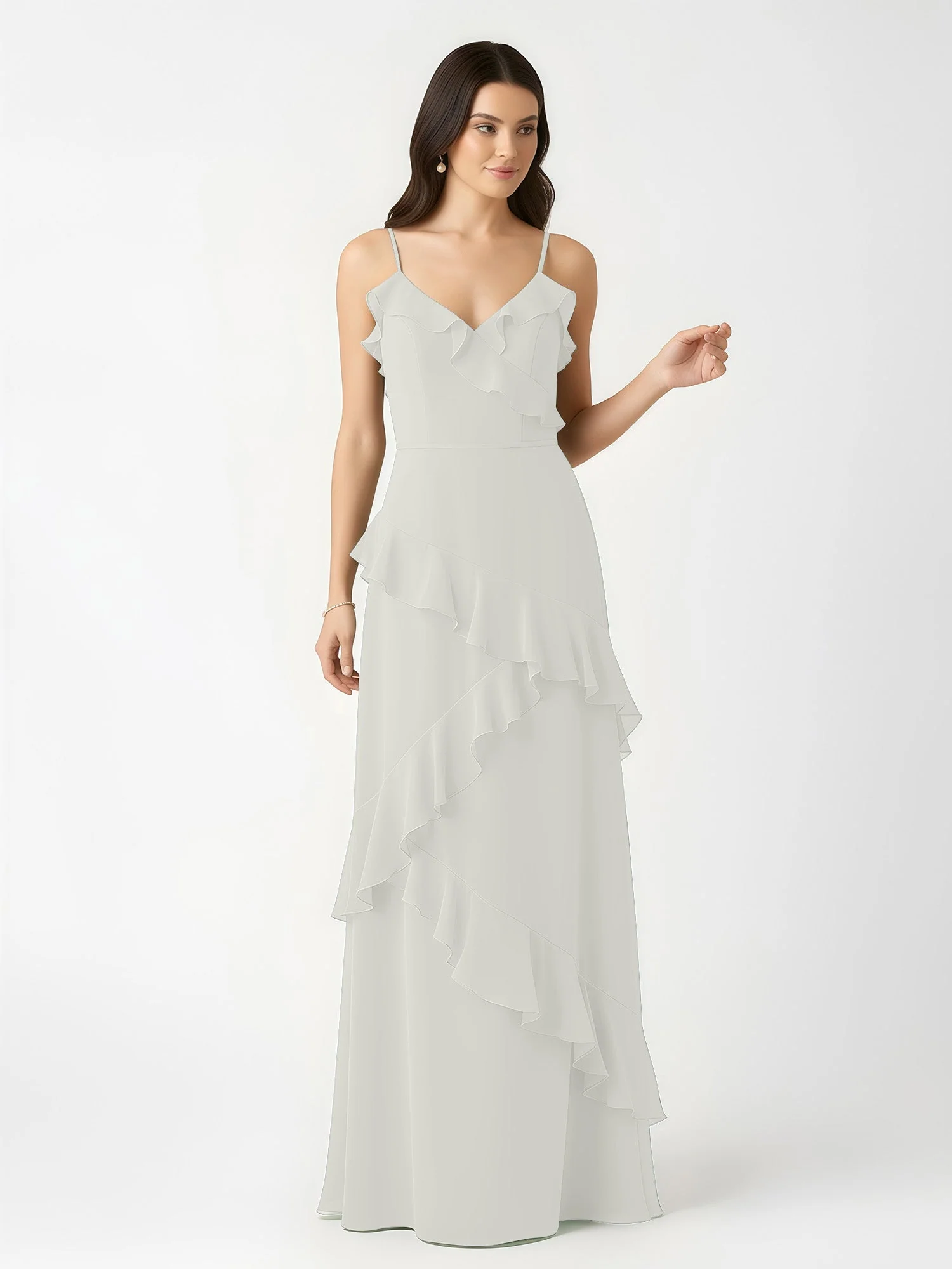 A-Linie Chiffon Rüschen Bodenlang V-Ausschnitt Kleid Elfenbein - Image 4