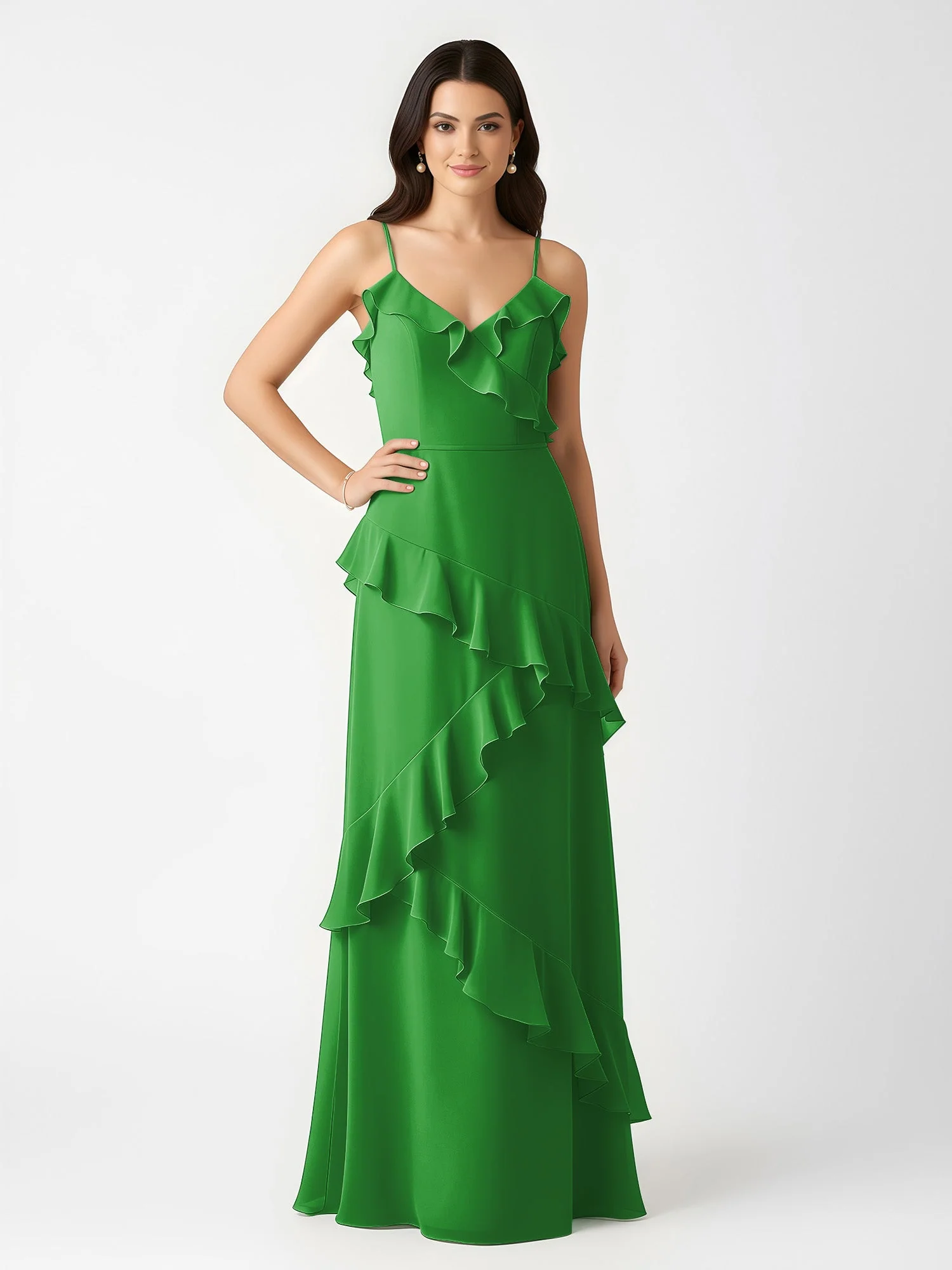 A-Linie Chiffon Rüschen Bodenlang V-Ausschnitt Kleid Grün - Image 3