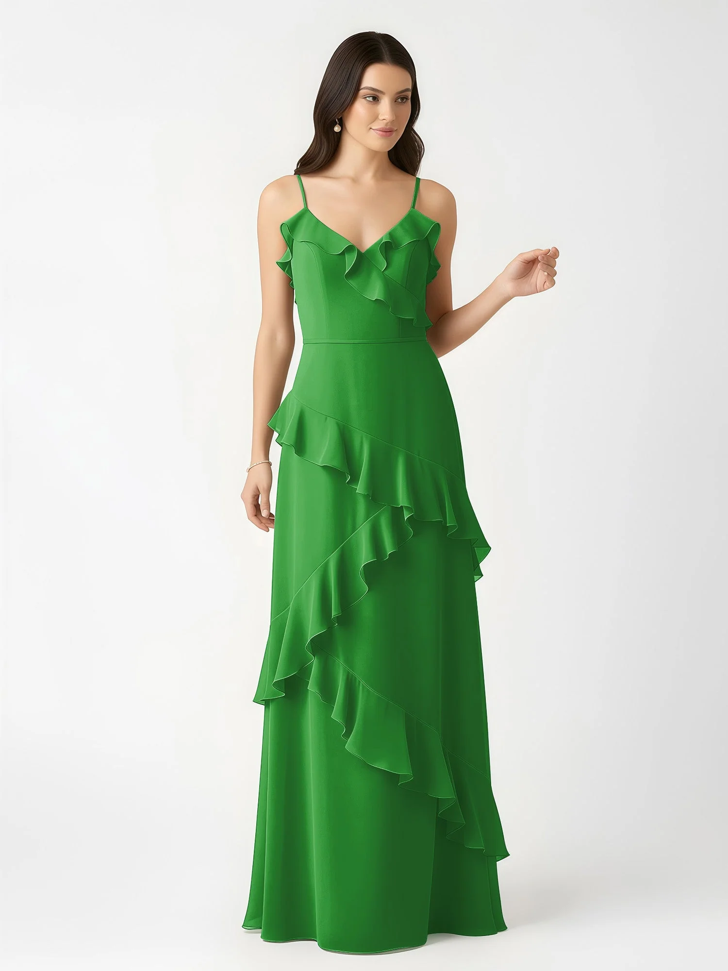 A-Linie Chiffon Rüschen Bodenlang V-Ausschnitt Kleid Grün - Image 4