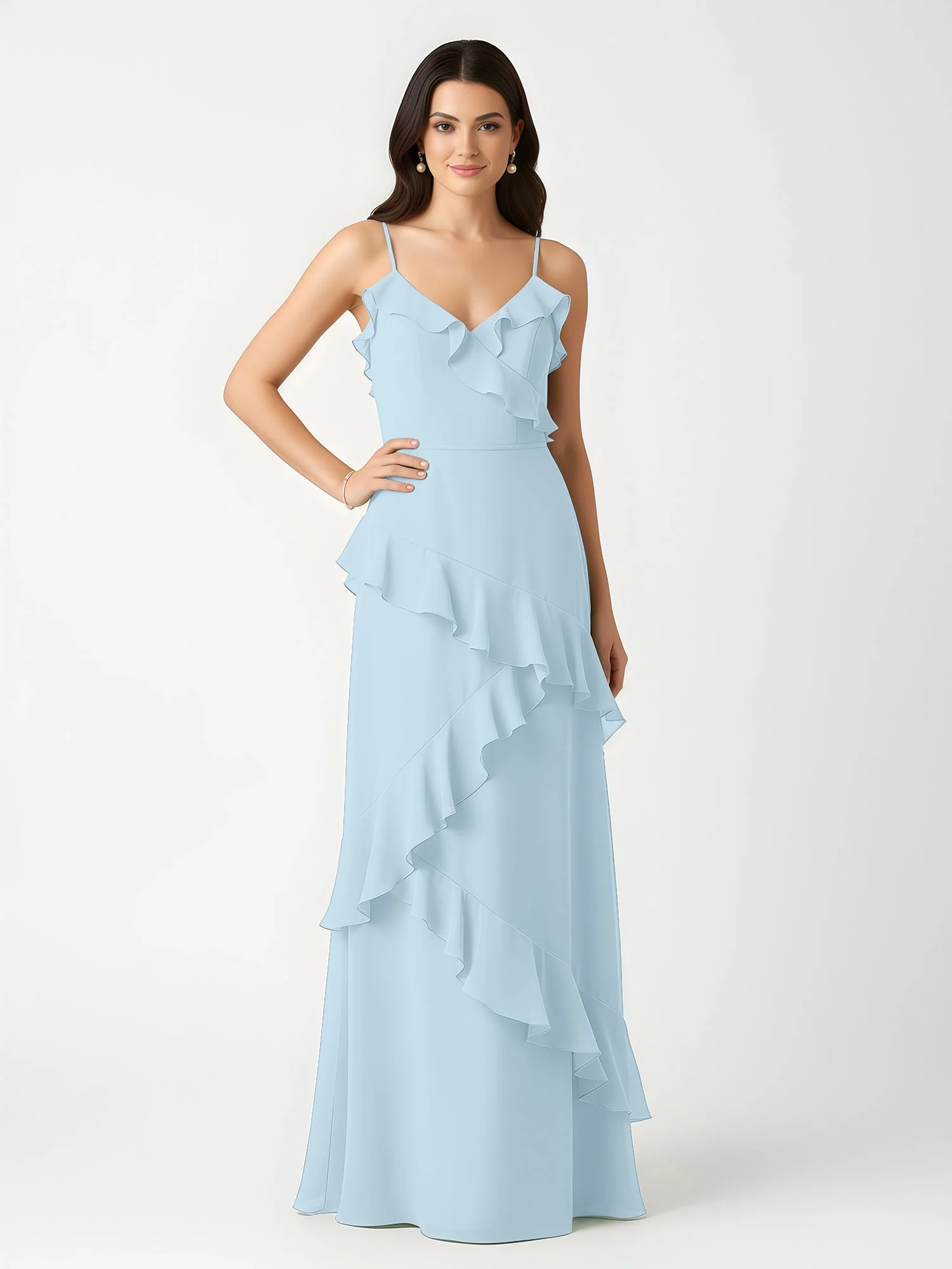 A-Linie Chiffon Rüschen Bodenlang V-Ausschnitt Kleid Himmelblau - Image 3