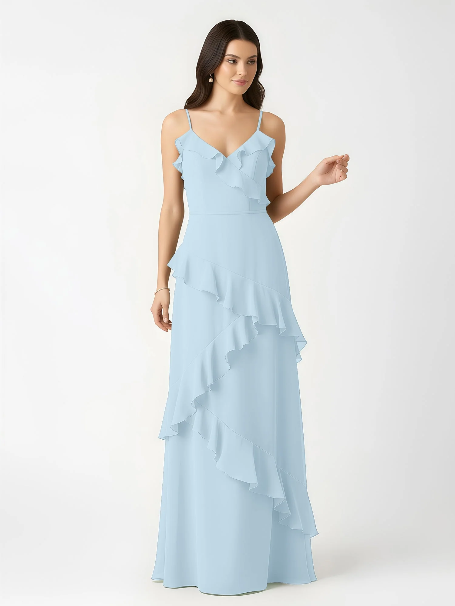 A-Linie Chiffon Rüschen Bodenlang V-Ausschnitt Kleid Himmelblau - Image 4