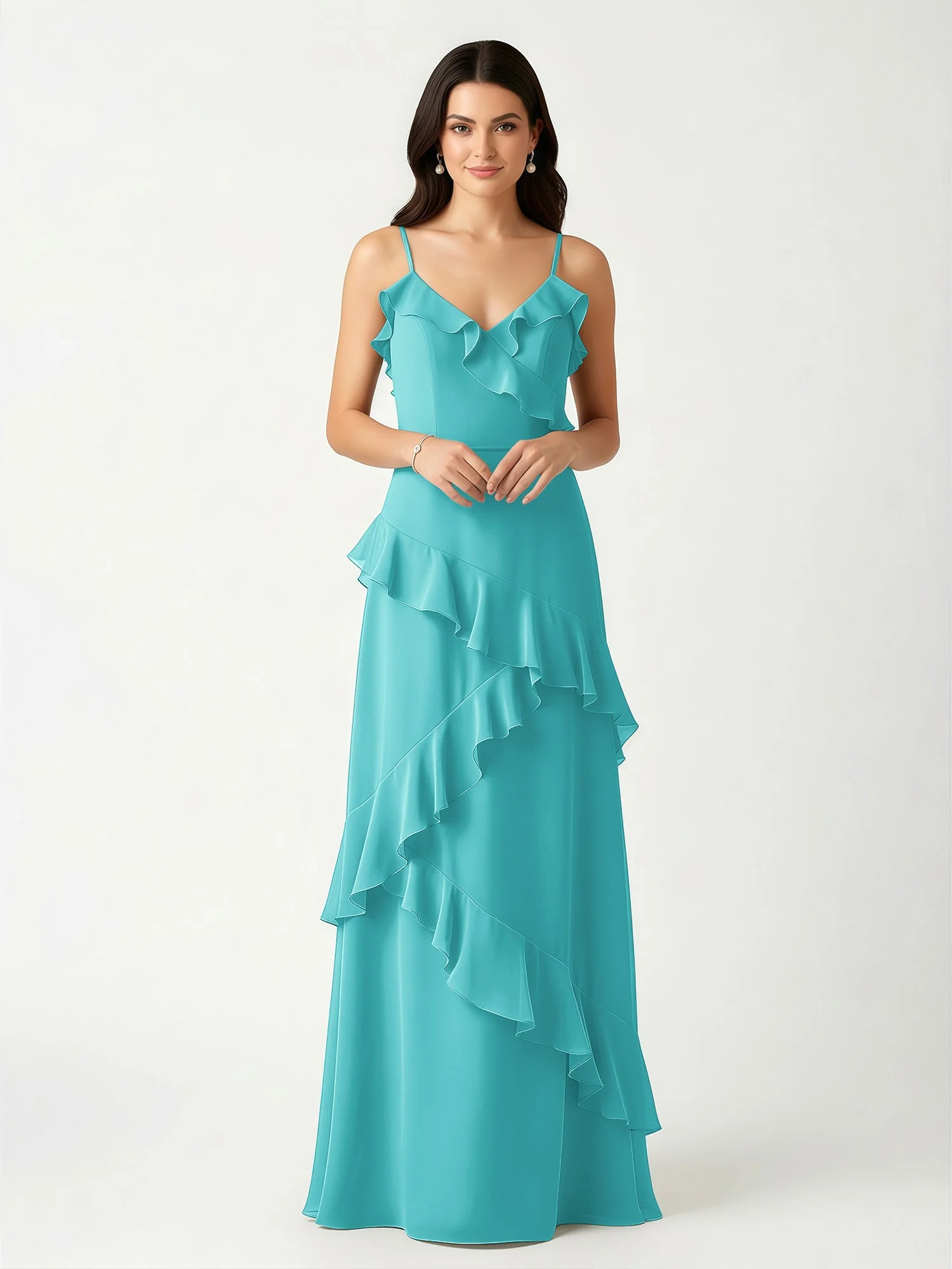 A-Linie Chiffon Rüschen Bodenlang V-Ausschnitt Kleid Jade