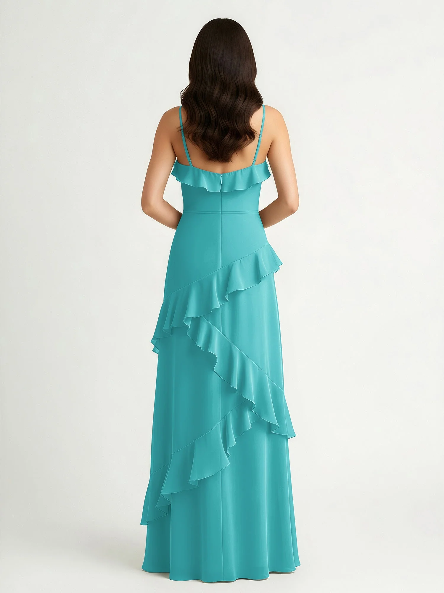 A-Linie Chiffon Rüschen Bodenlang V-Ausschnitt Kleid Jade - Image 2