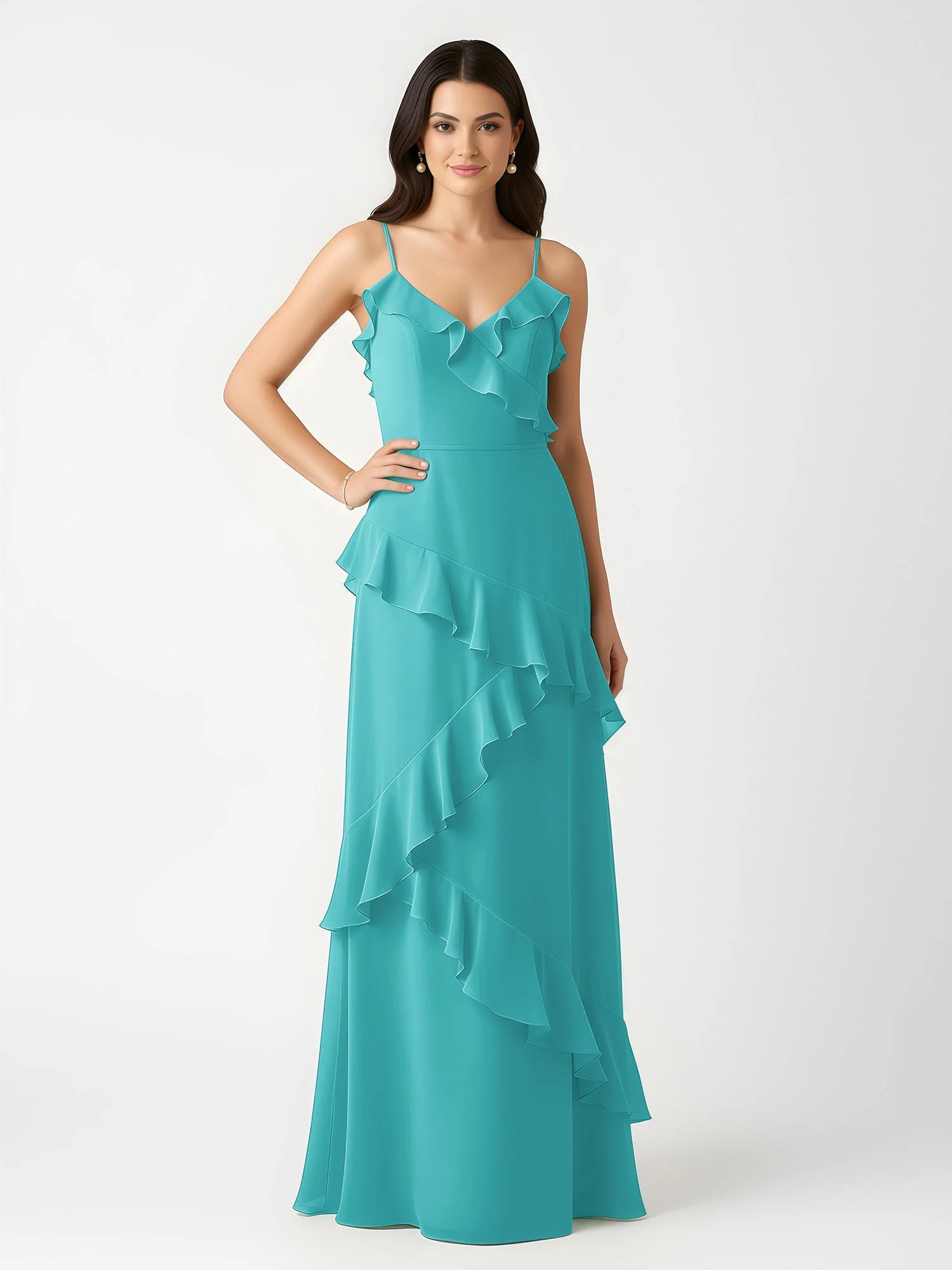A-Linie Chiffon Rüschen Bodenlang V-Ausschnitt Kleid Jade - Image 3