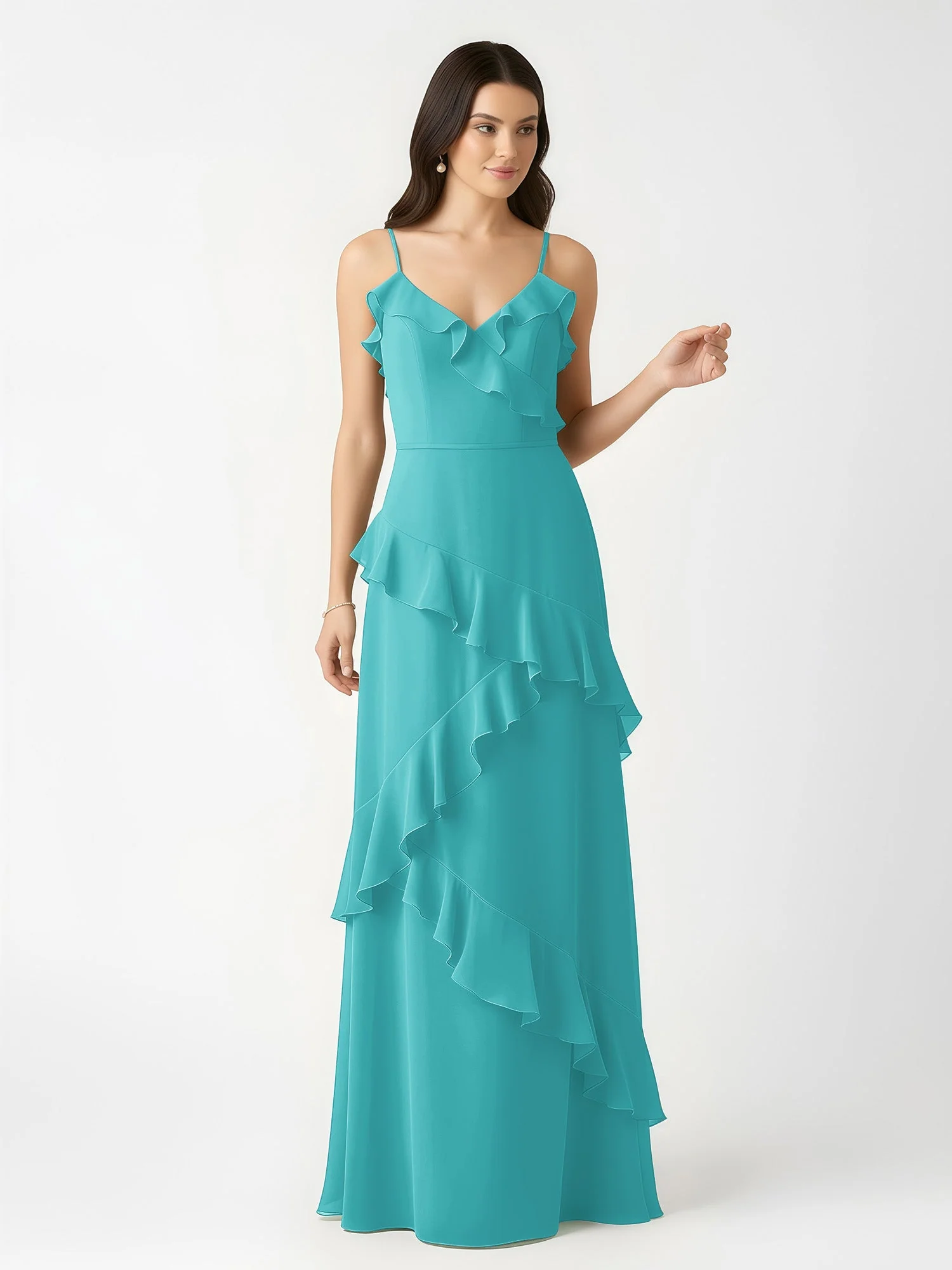 A-Linie Chiffon Rüschen Bodenlang V-Ausschnitt Kleid Jade - Image 4