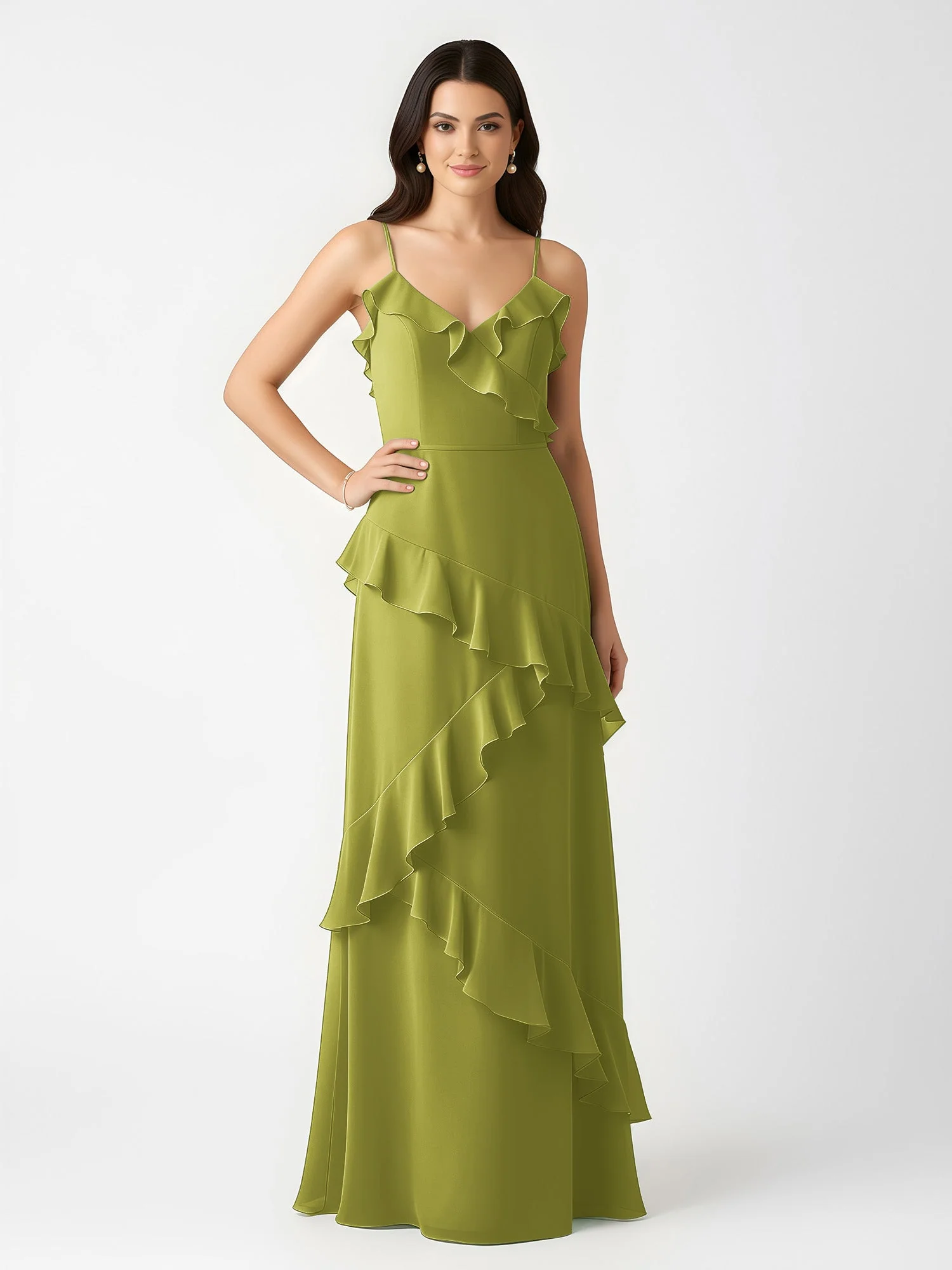 A-Linie Chiffon Rüschen Bodenlang V-Ausschnitt Kleid Kleegrün - Image 3