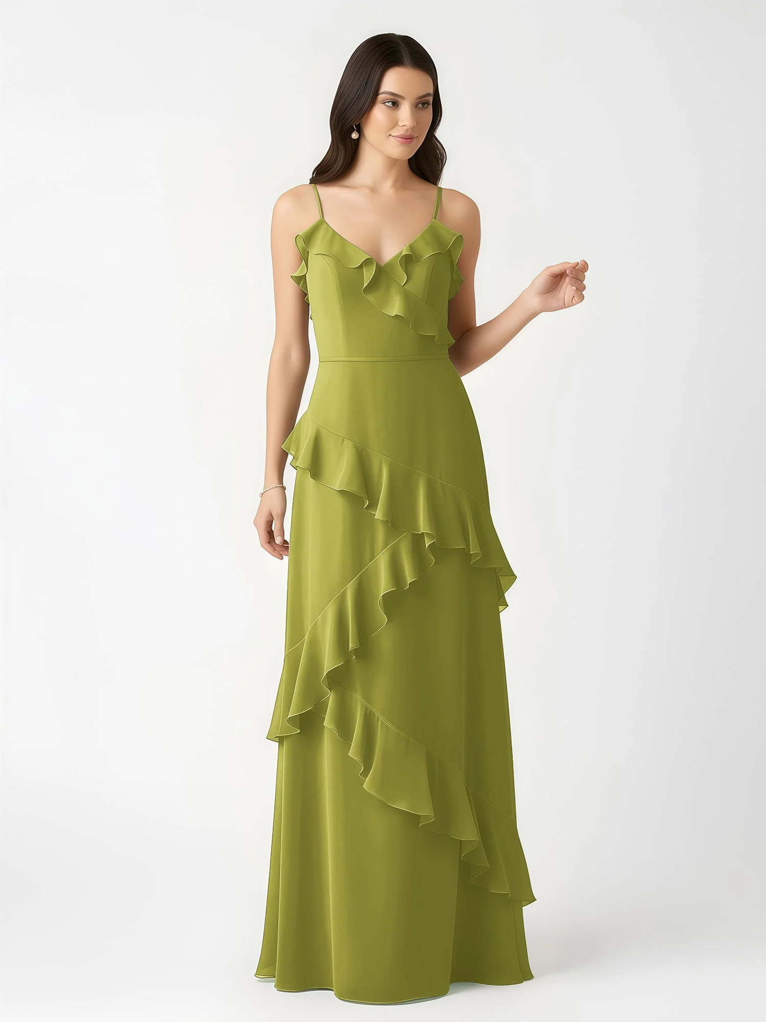A-Linie Chiffon Rüschen Bodenlang V-Ausschnitt Kleid Kleegrün - Image 4