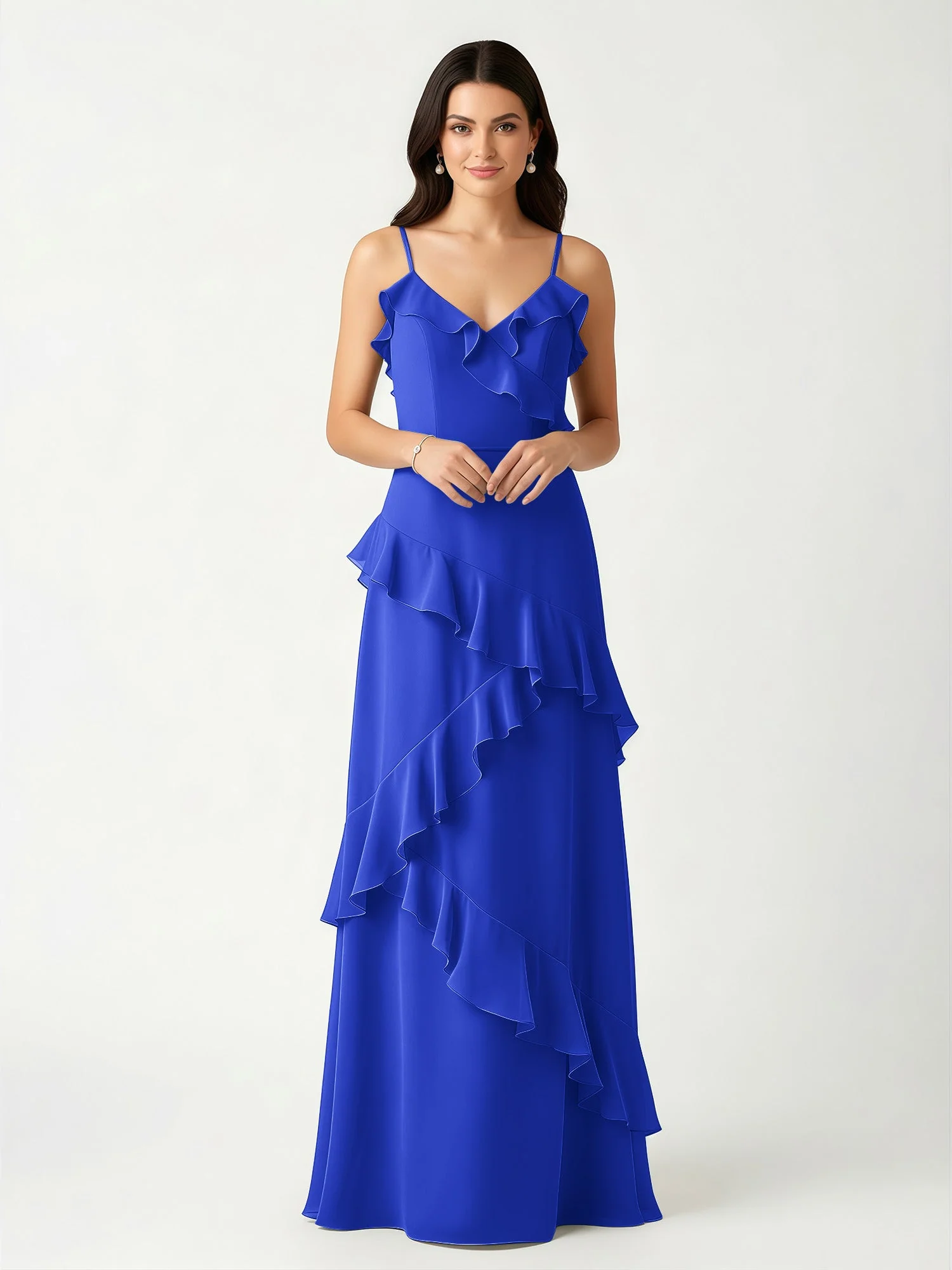 A-Linie Chiffon Rüschen Bodenlang V-Ausschnitt Kleid Königsblau