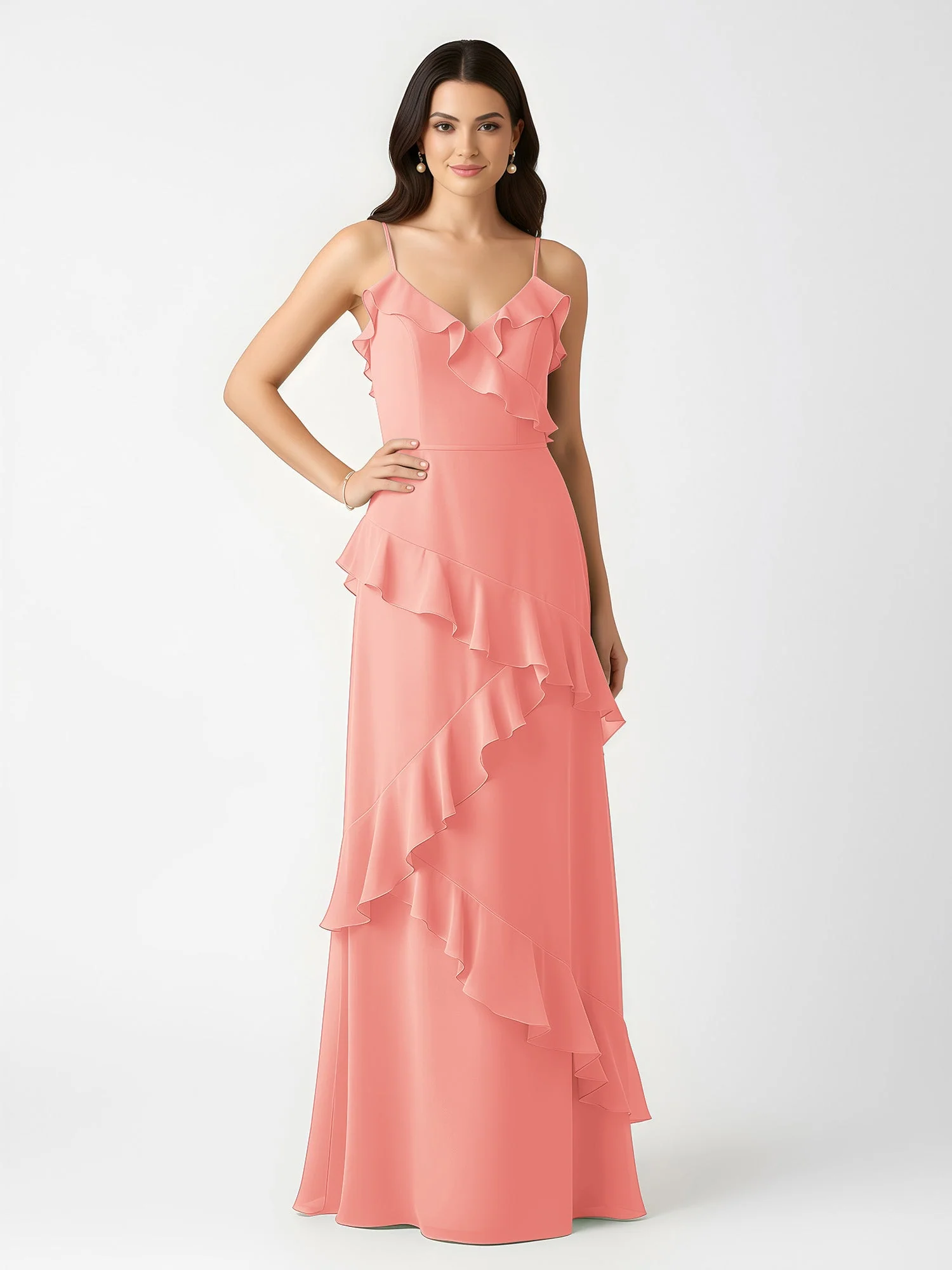 A-Linie Chiffon Rüschen Bodenlang V-Ausschnitt Kleid Koralle - Image 3