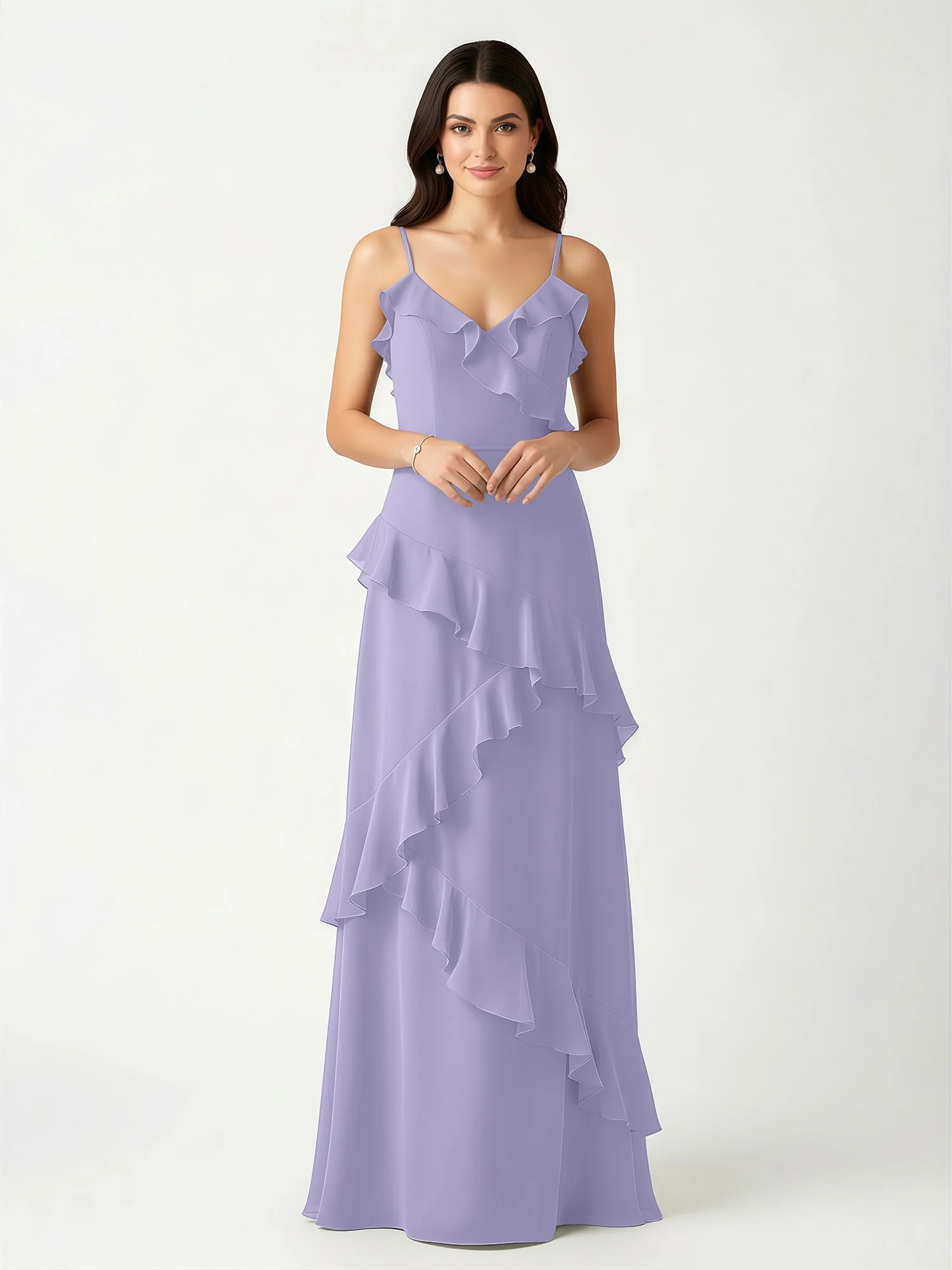 A-Linie Chiffon Rüschen Bodenlang V-Ausschnitt Kleid Lavendel