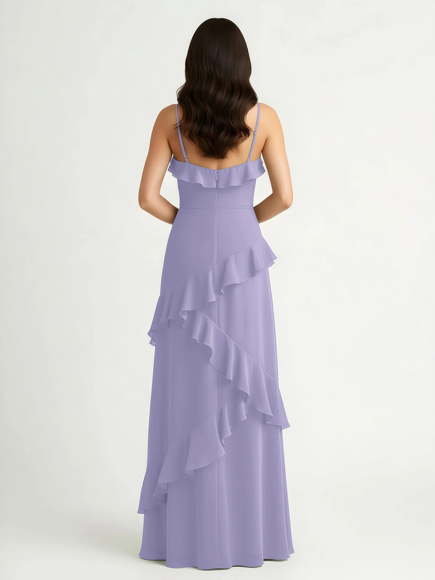 A-Linie Chiffon Rüschen Bodenlang V-Ausschnitt Kleid Lavendel - Image 2