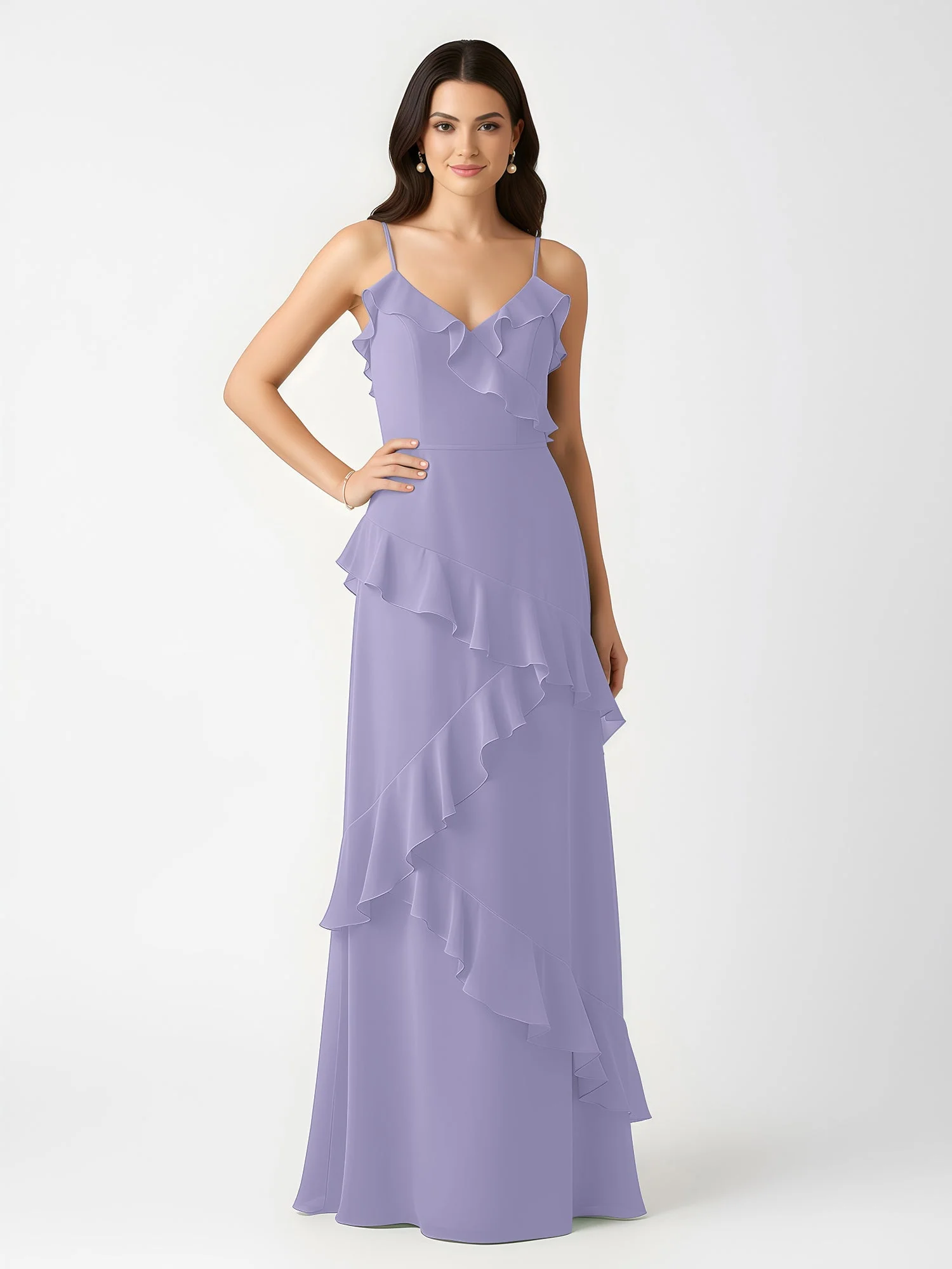 A-Linie Chiffon Rüschen Bodenlang V-Ausschnitt Kleid Lavendel - Image 3