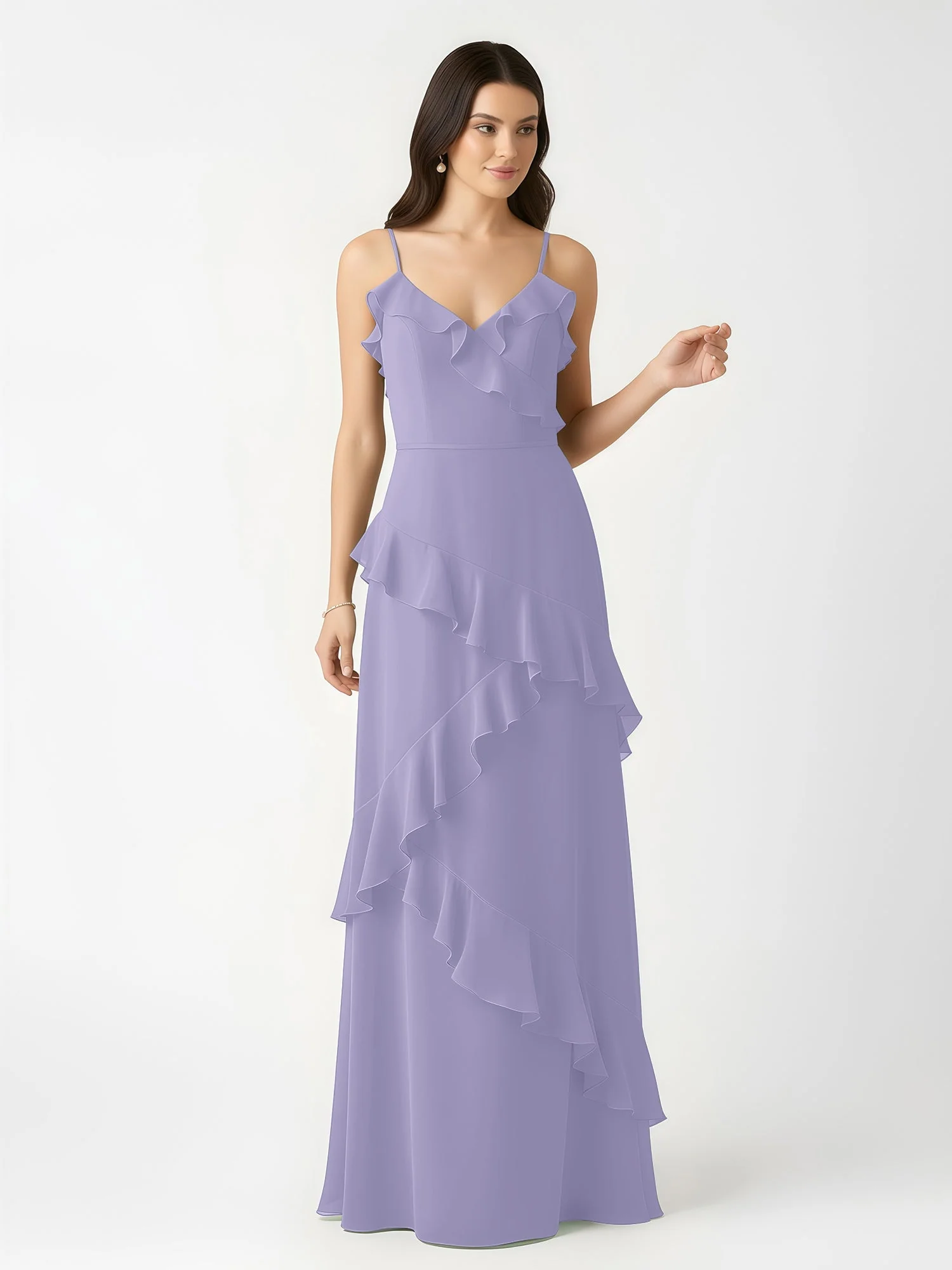 A-Linie Chiffon Rüschen Bodenlang V-Ausschnitt Kleid Lavendel - Image 4