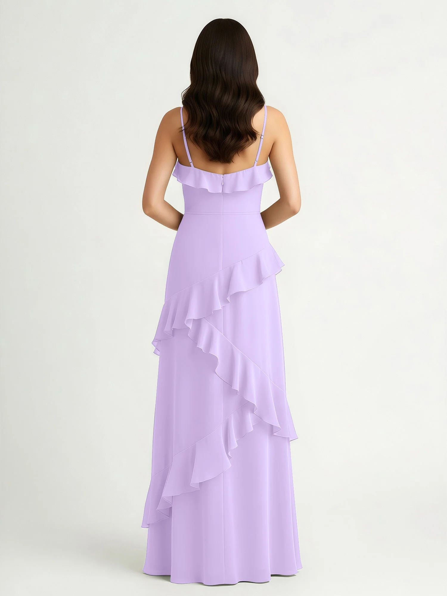 A-Linie Chiffon Rüschen Bodenlang V-Ausschnitt Kleid Lila - Image 2