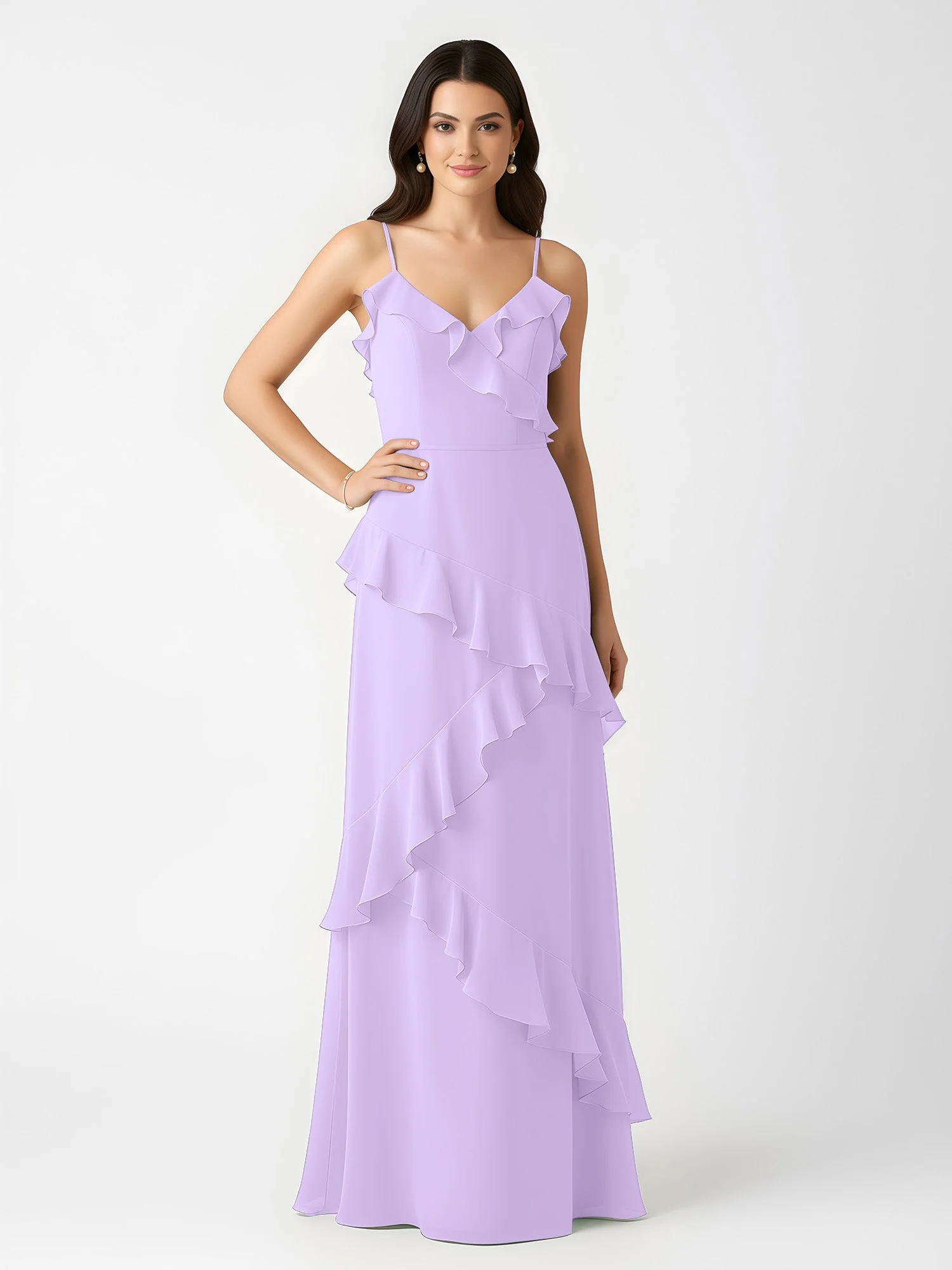 A-Linie Chiffon Rüschen Bodenlang V-Ausschnitt Kleid Lila - Image 3
