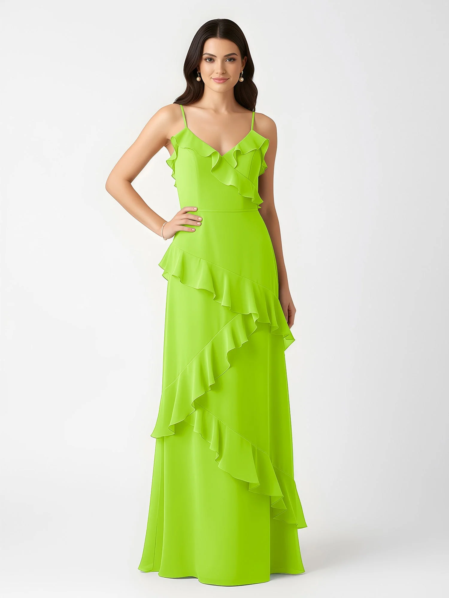 A-Linie Chiffon Rüschen Bodenlang V-Ausschnitt Kleid Lindgrün - Image 3