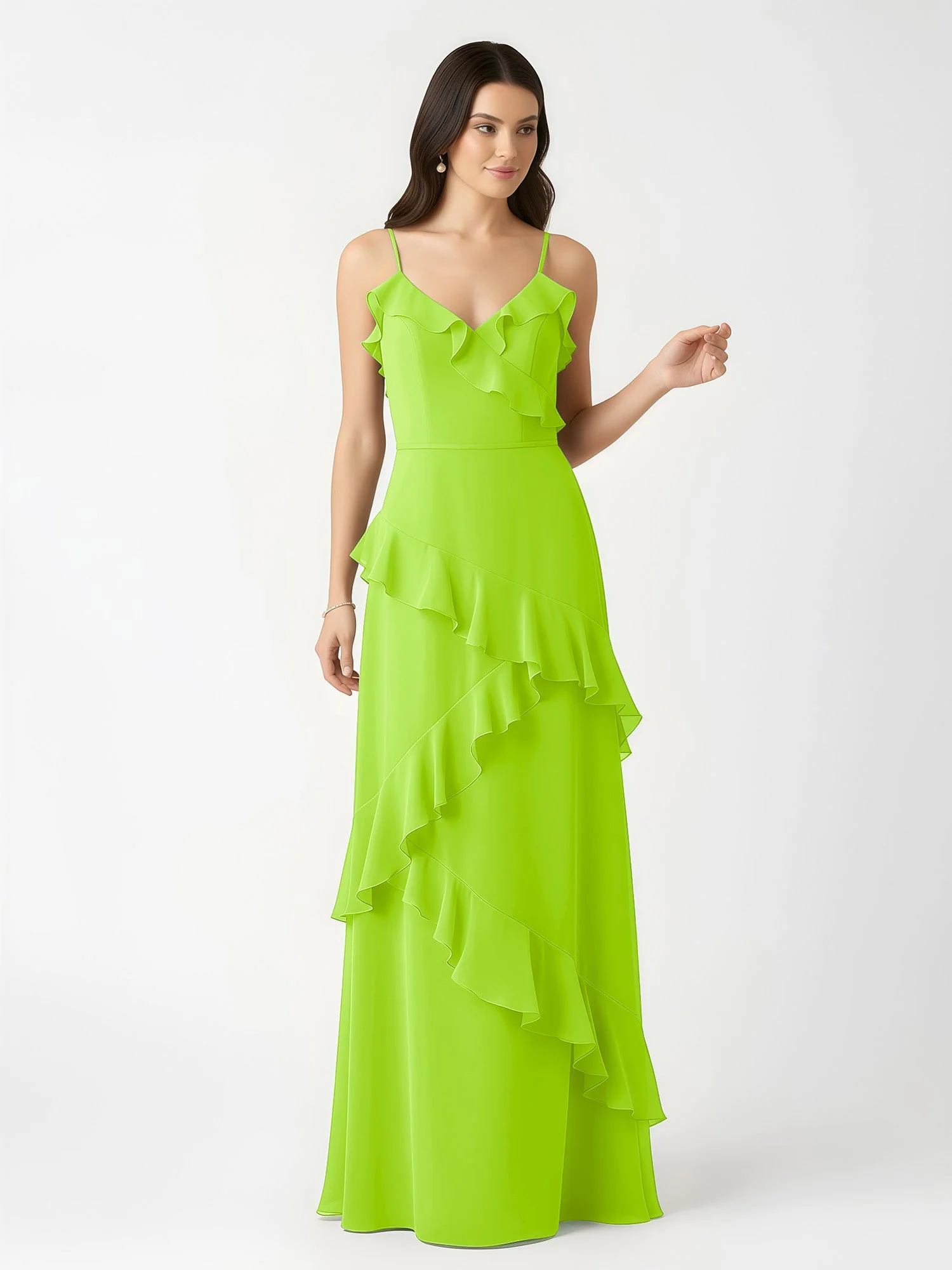 A-Linie Chiffon Rüschen Bodenlang V-Ausschnitt Kleid Lindgrün - Image 4