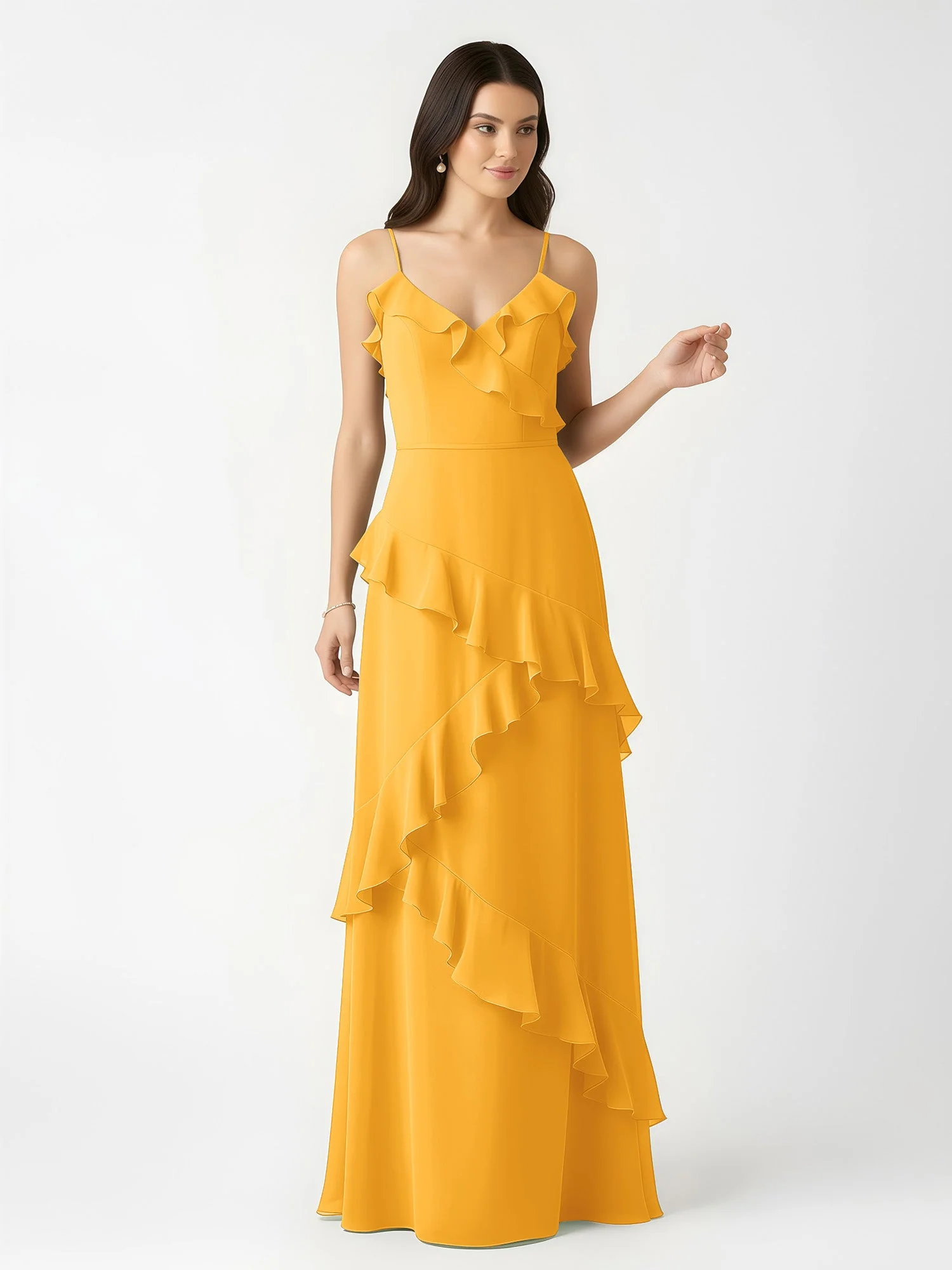 A-Linie Chiffon Rüschen Bodenlang V-Ausschnitt Kleid Mandarine - Image 4