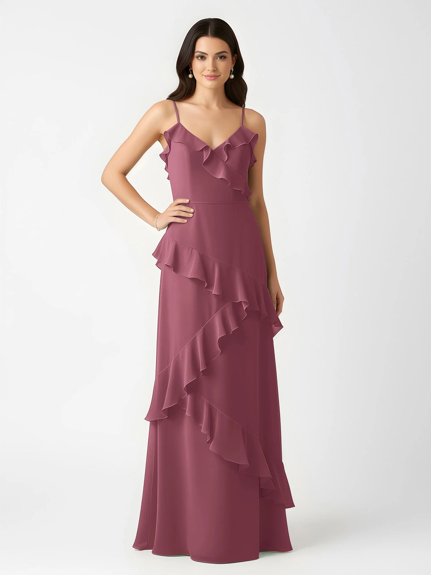 A-Linie Chiffon Rüschen Bodenlang V-Ausschnitt Kleid Maulbeere - Image 3
