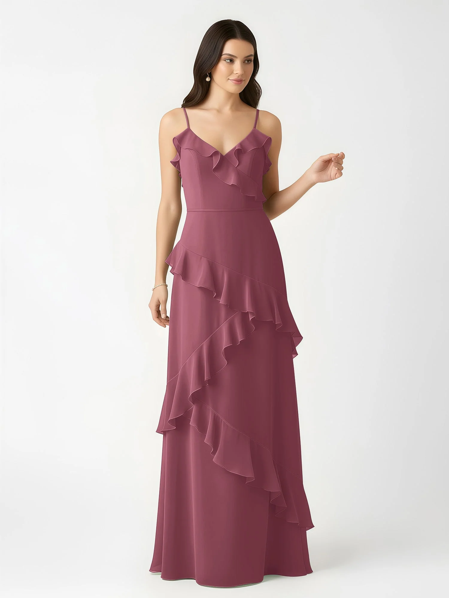 A-Linie Chiffon Rüschen Bodenlang V-Ausschnitt Kleid Maulbeere - Image 4