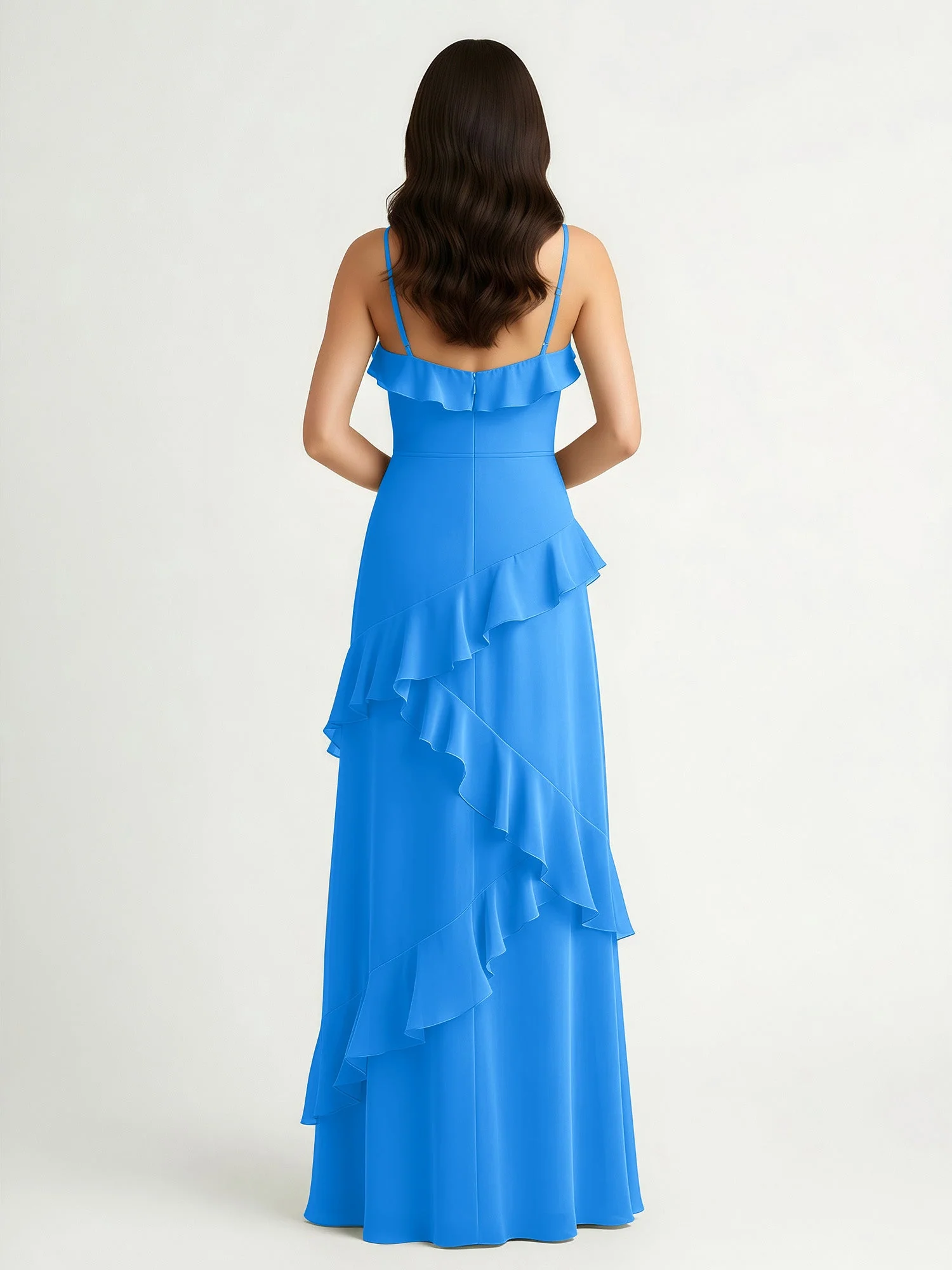 A-Linie Chiffon Rüschen Bodenlang V-Ausschnitt Kleid Meerblau - Image 2