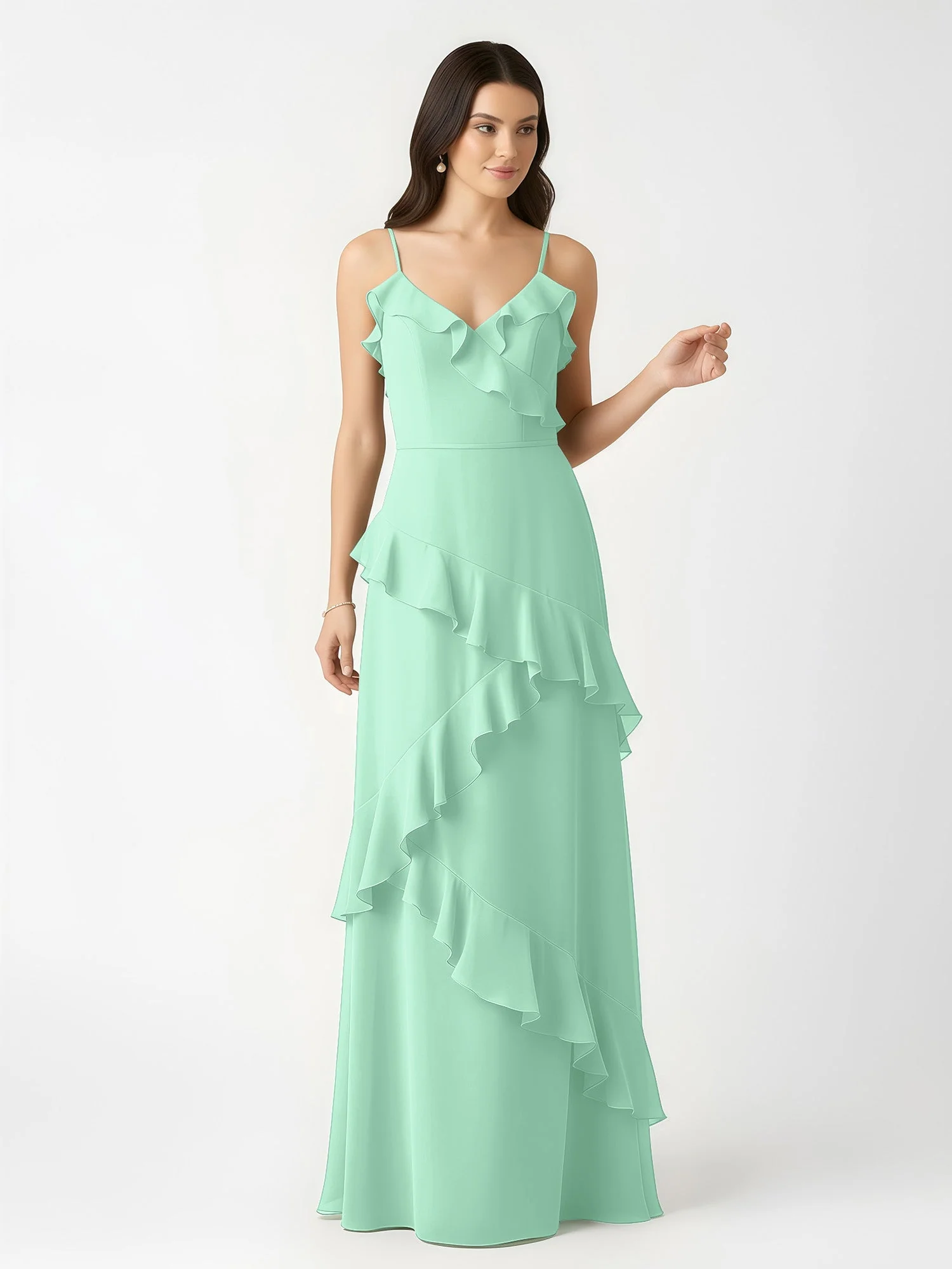 A-Linie Chiffon Rüschen Bodenlang V-Ausschnitt Kleid Minzgrün - Image 4