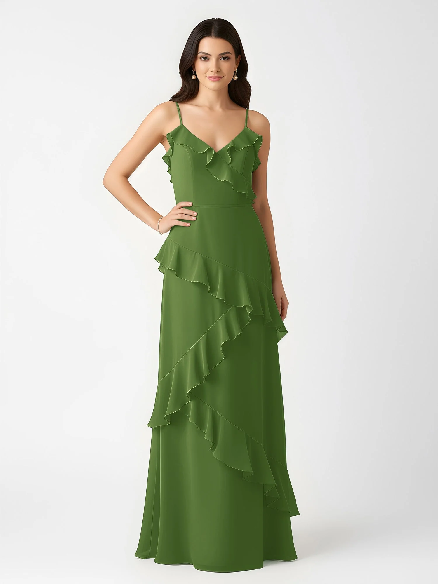 A-Linie Chiffon Rüschen Bodenlang V-Ausschnitt Kleid Moos - Image 3
