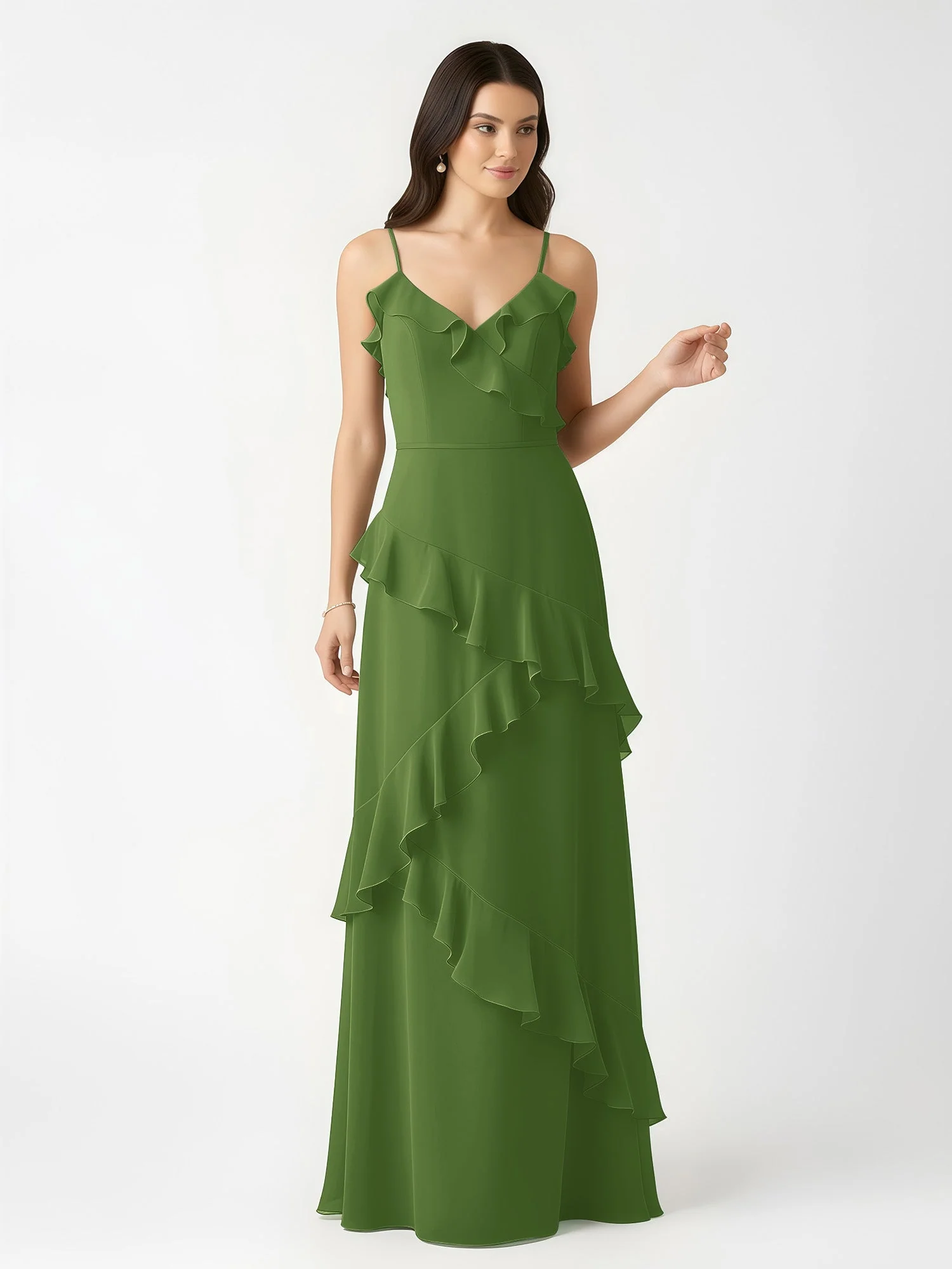 A-Linie Chiffon Rüschen Bodenlang V-Ausschnitt Kleid Moos - Image 4