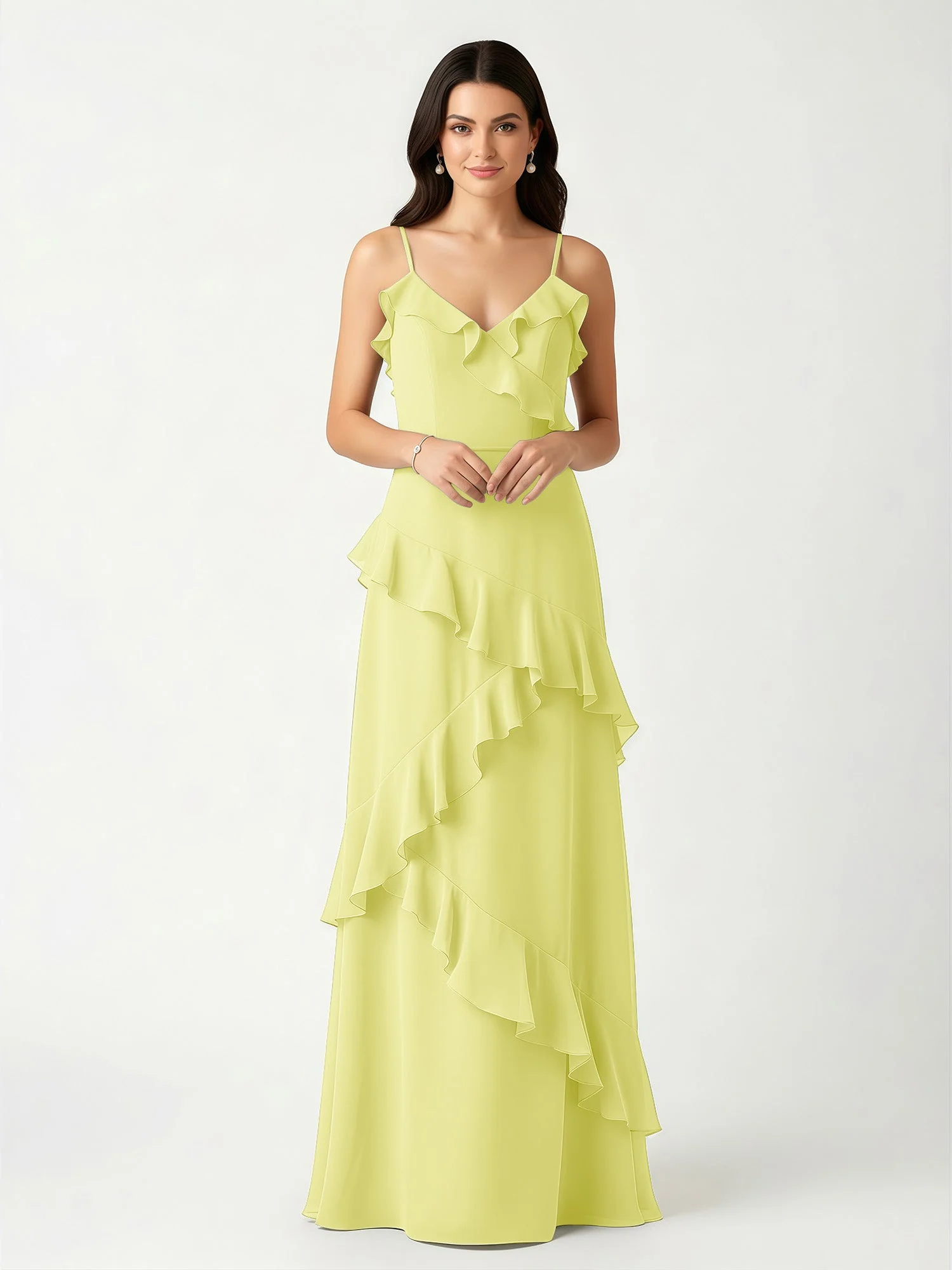 A-Linie Chiffon Rüschen Bodenlang V-Ausschnitt Kleid Narzisse