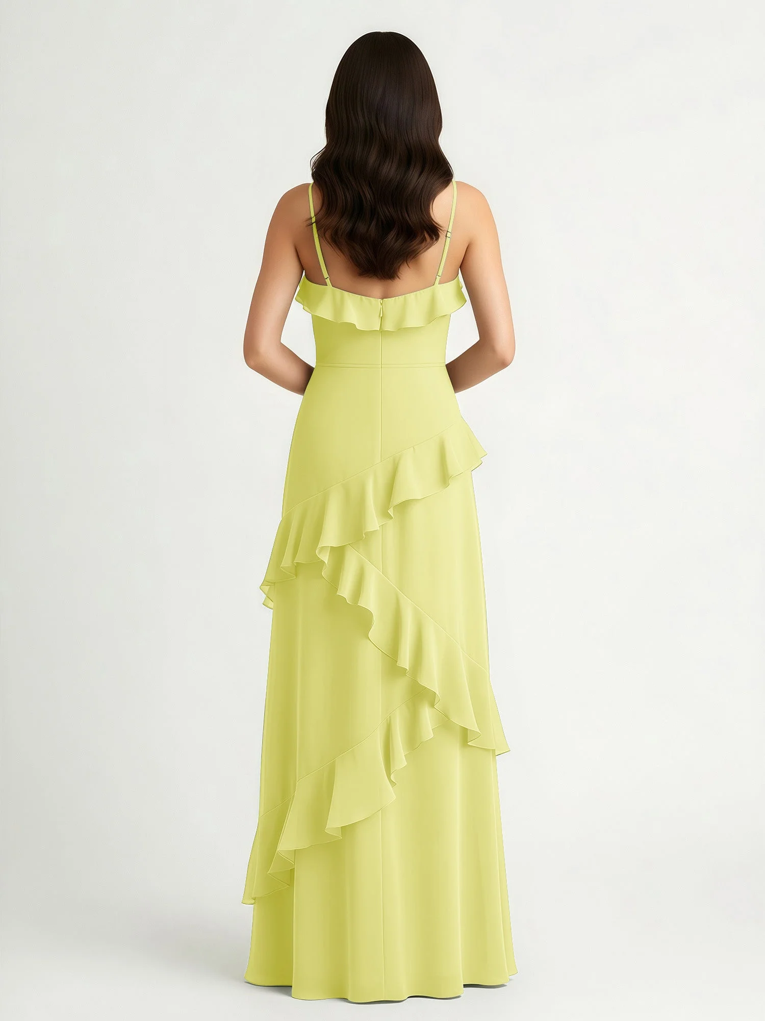 A-Linie Chiffon Rüschen Bodenlang V-Ausschnitt Kleid Narzisse - Image 2