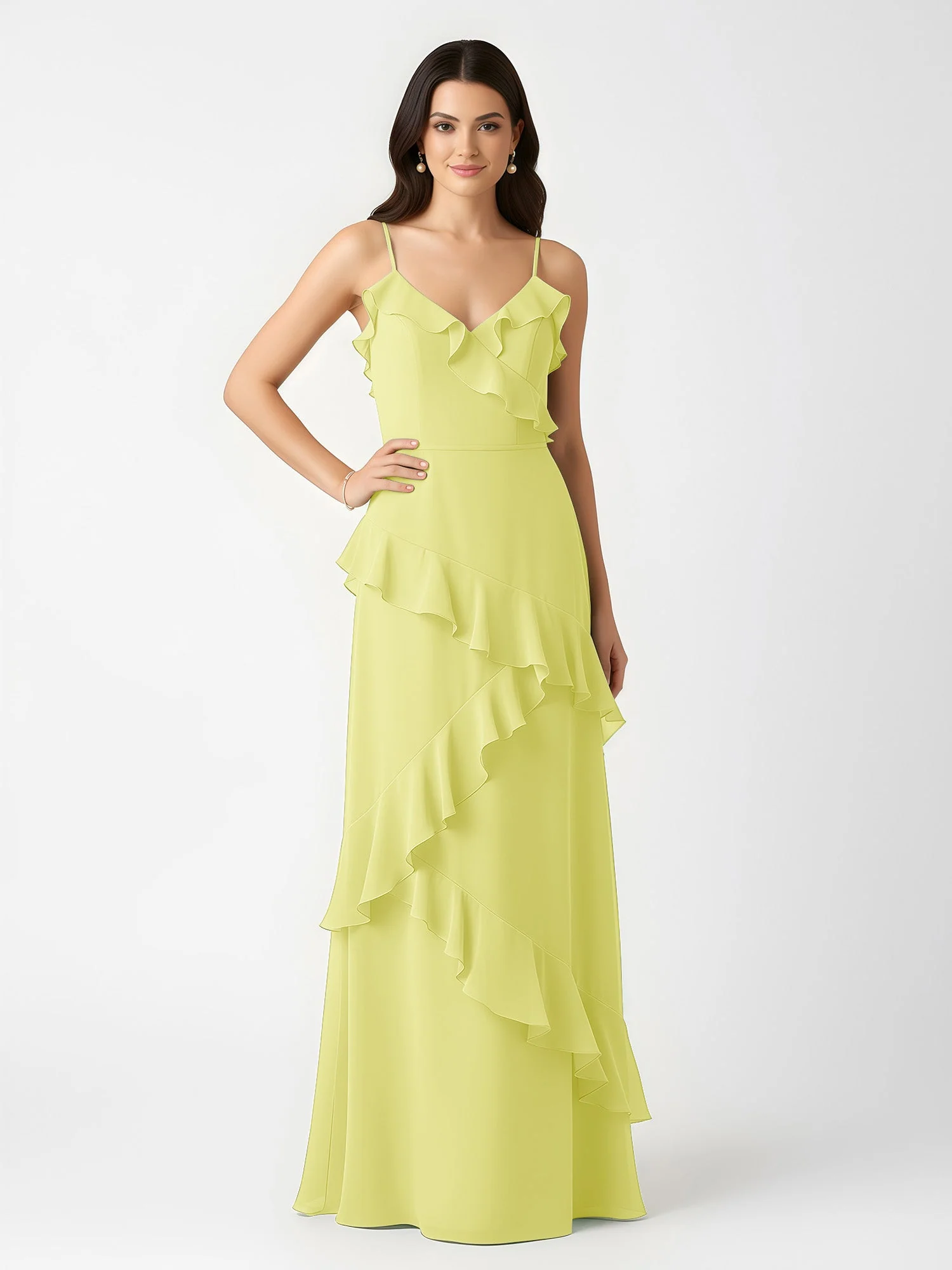 A-Linie Chiffon Rüschen Bodenlang V-Ausschnitt Kleid Narzisse - Image 3