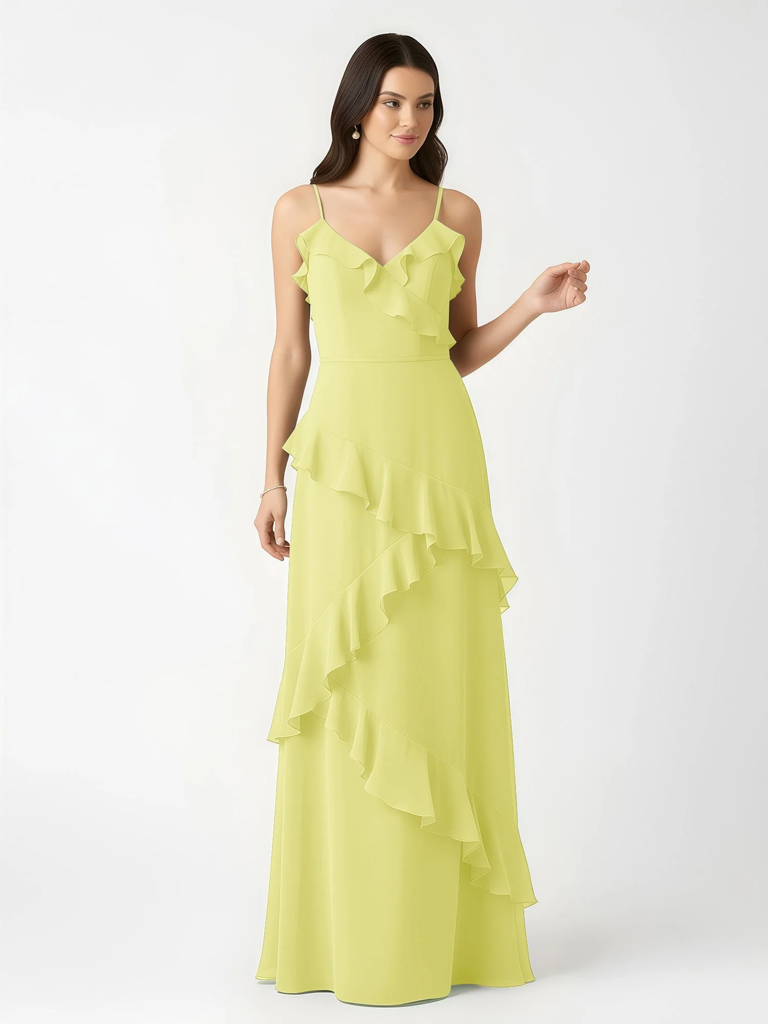 A-Linie Chiffon Rüschen Bodenlang V-Ausschnitt Kleid Narzisse - Image 4