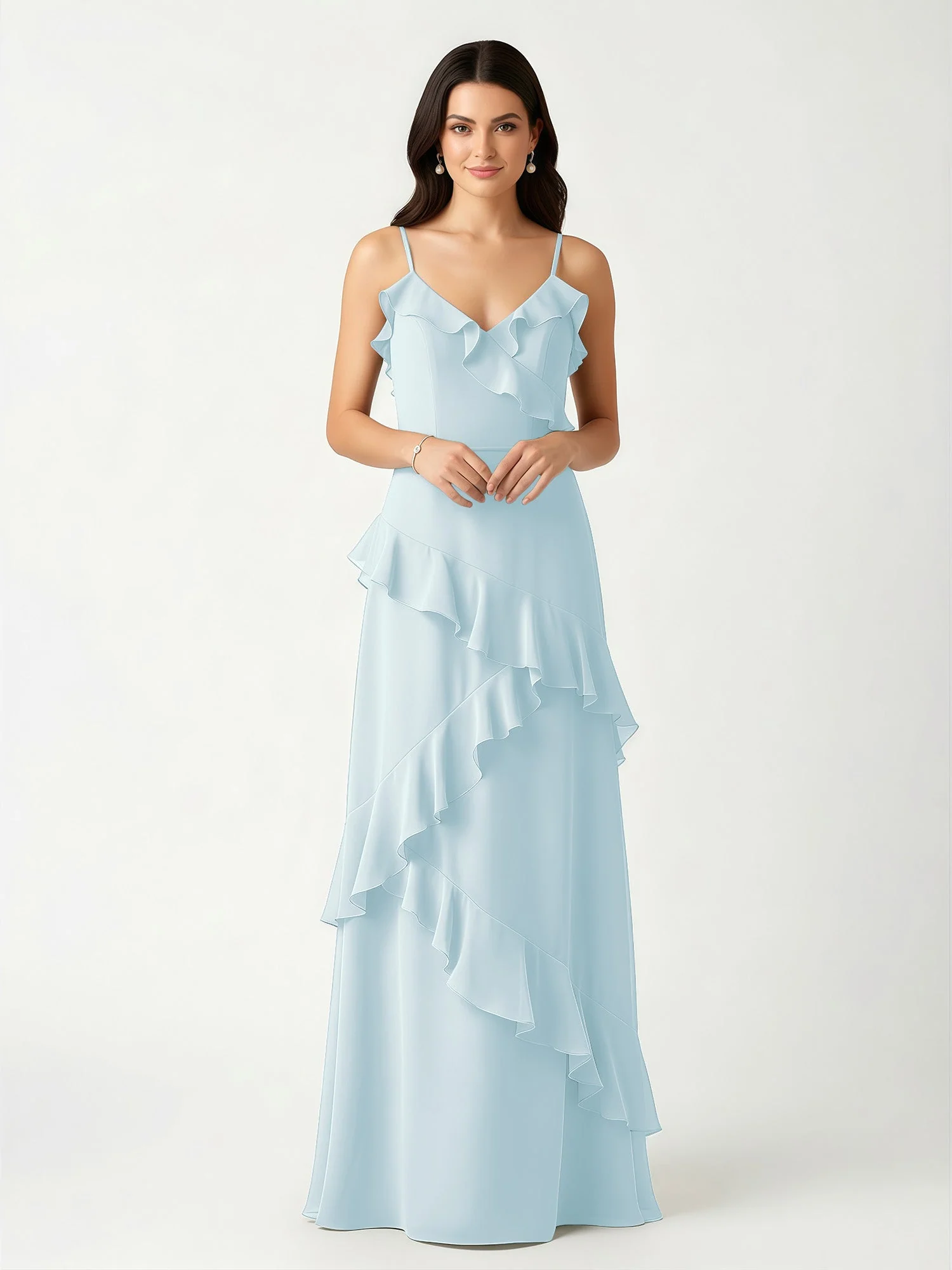 A-Linie Chiffon Rüschen Bodenlang V-Ausschnitt Kleid Nebel