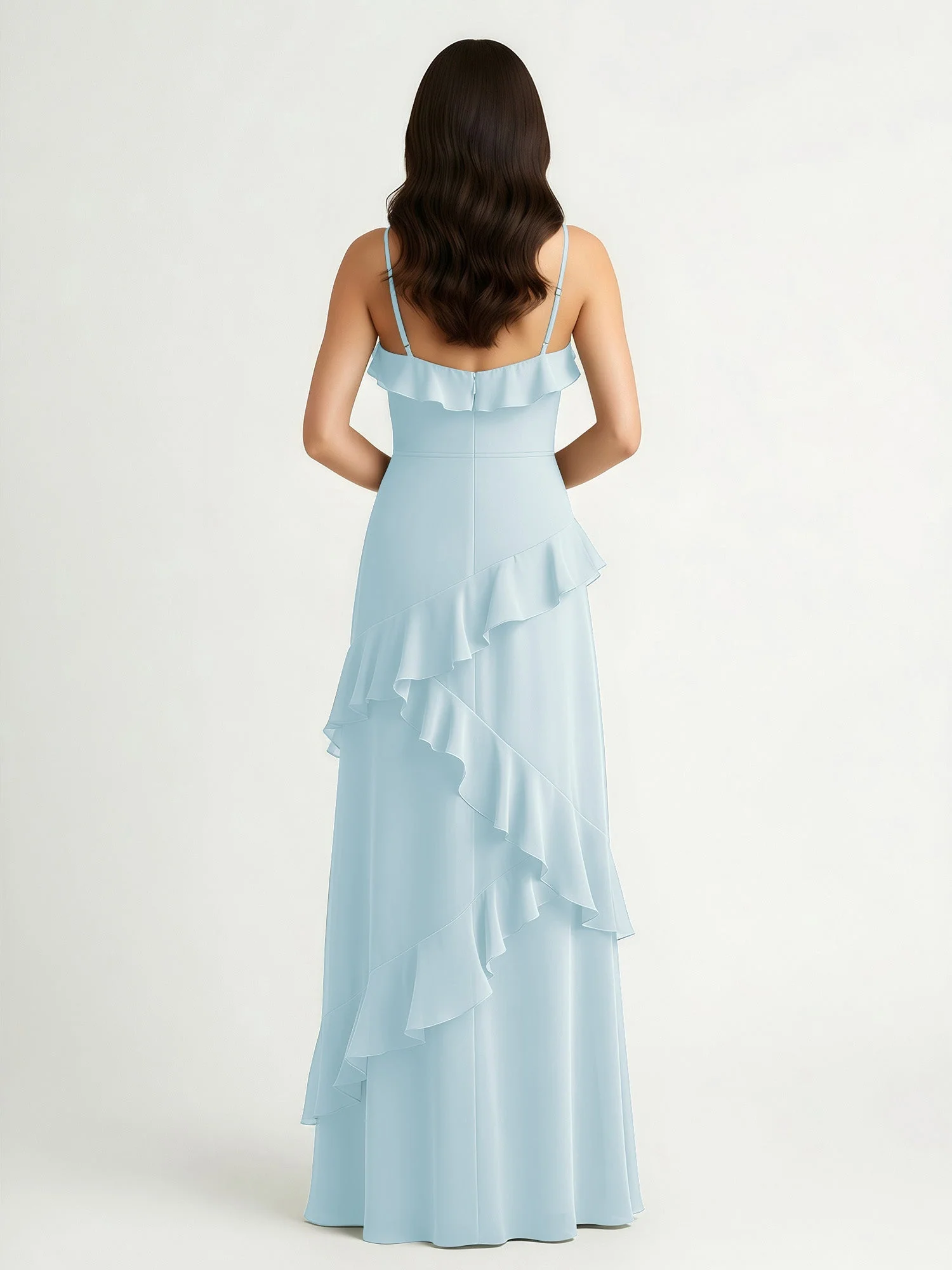 A-Linie Chiffon Rüschen Bodenlang V-Ausschnitt Kleid Nebel - Image 2