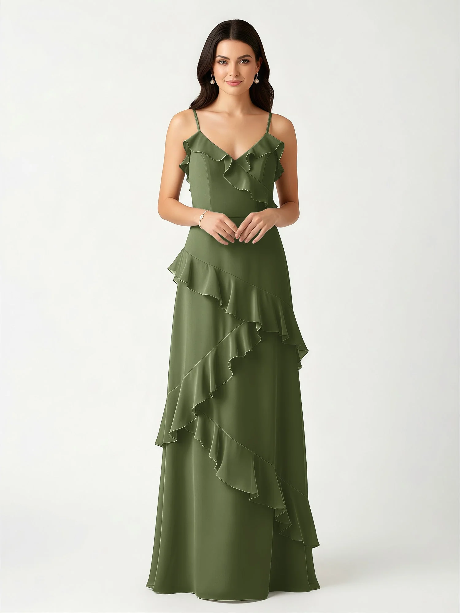 A-Linie Chiffon Rüschen Bodenlang V-Ausschnitt Kleid Olivgrün