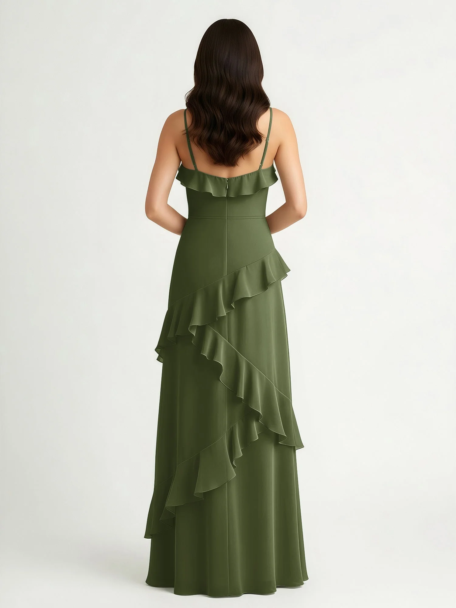 A-Linie Chiffon Rüschen Bodenlang V-Ausschnitt Kleid Olivgrün - Image 2