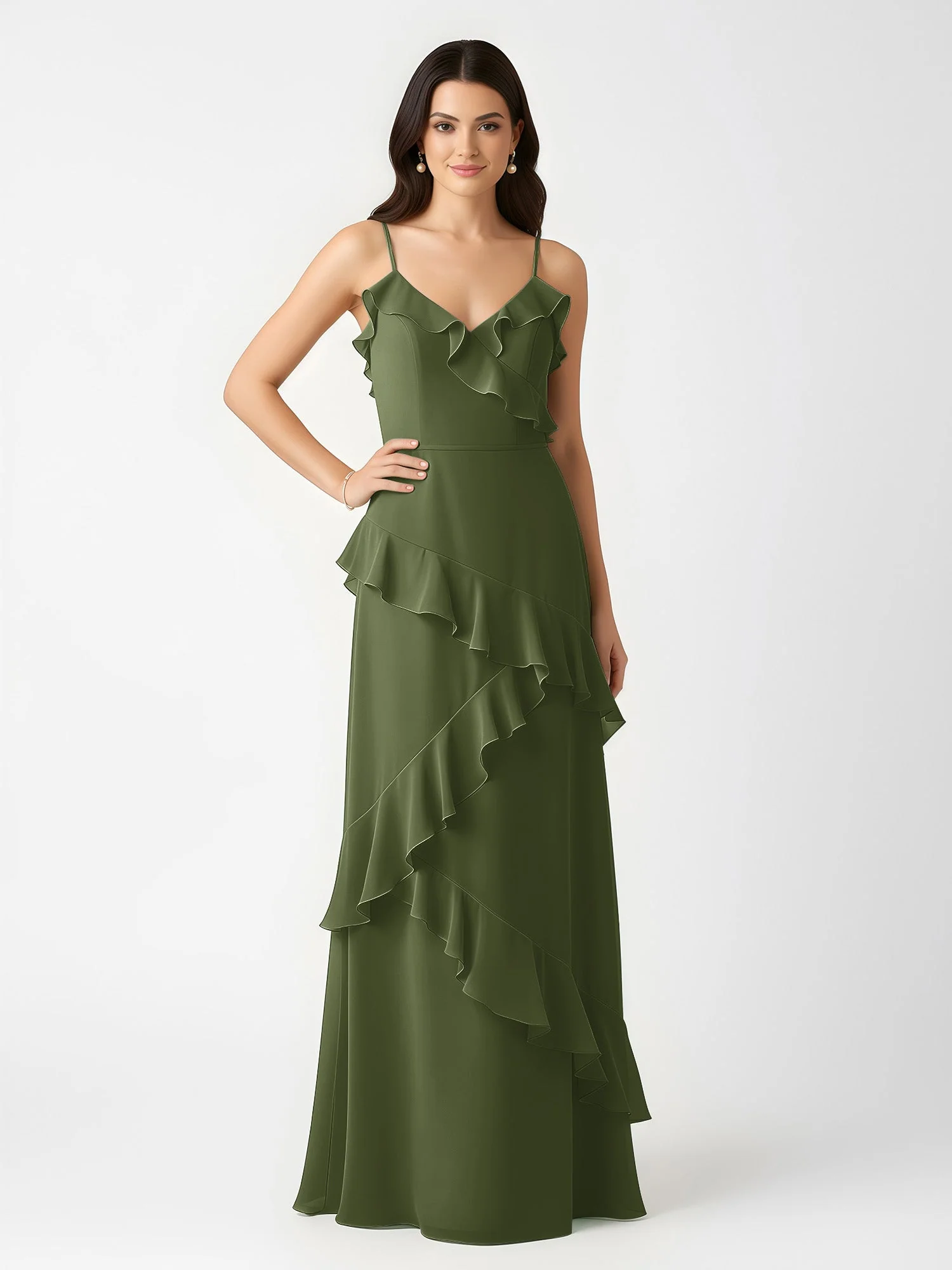 A-Linie Chiffon Rüschen Bodenlang V-Ausschnitt Kleid Olivgrün - Image 3