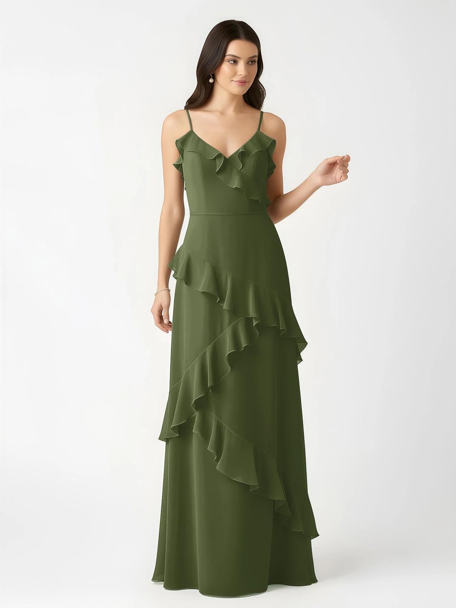 A-Linie Chiffon Rüschen Bodenlang V-Ausschnitt Kleid Olivgrün - Image 4