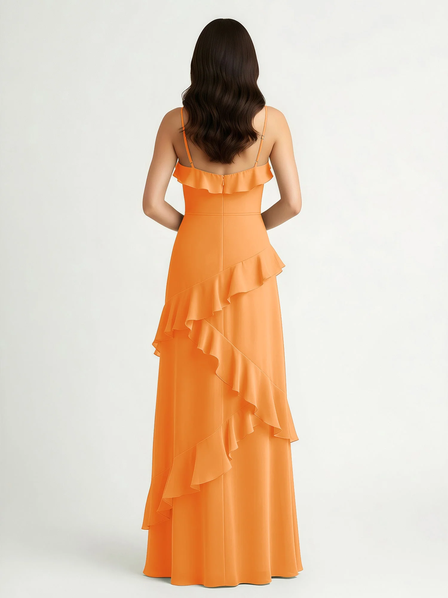 A-Linie Chiffon Rüschen Bodenlang V-Ausschnitt Kleid Orange - Image 2