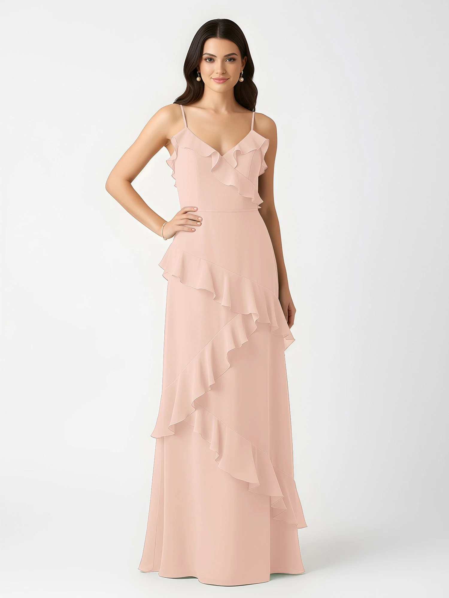 A-Linie Chiffon Rüschen Bodenlang V-Ausschnitt Kleid Perlrosa - Image 3