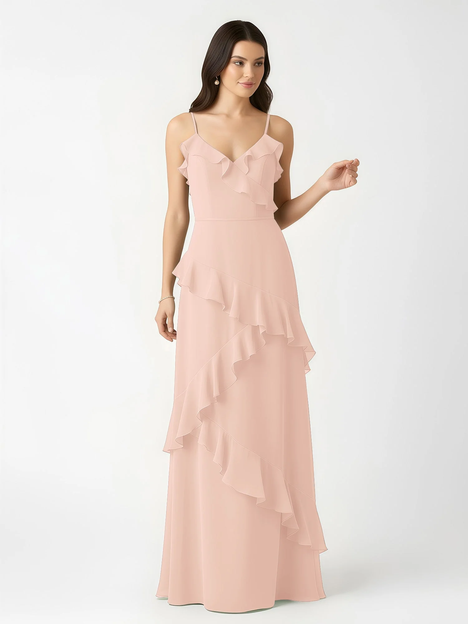 A-Linie Chiffon Rüschen Bodenlang V-Ausschnitt Kleid Perlrosa - Image 4