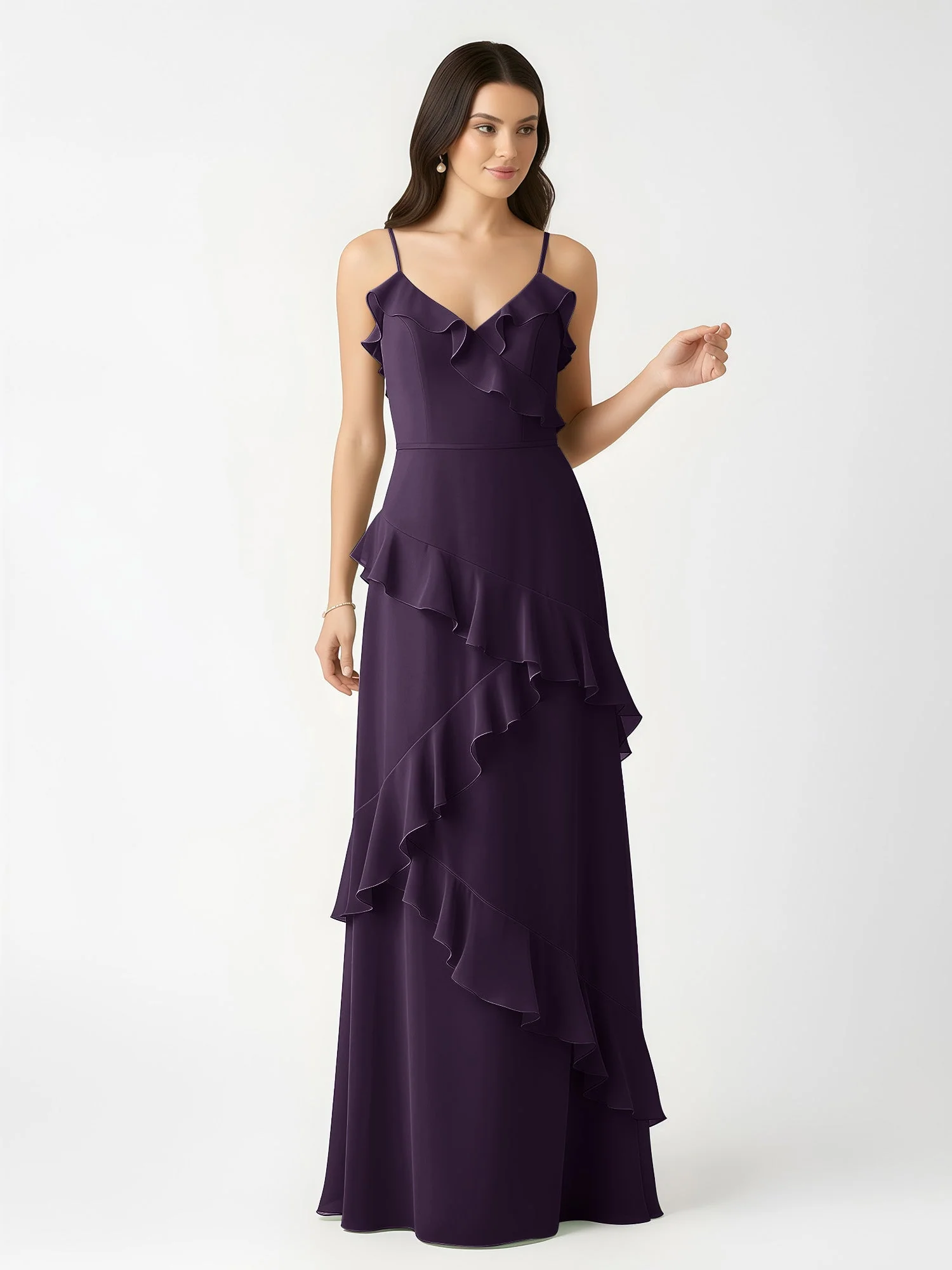 A-Linie Chiffon Rüschen Bodenlang V-Ausschnitt Kleid Plum - Image 4