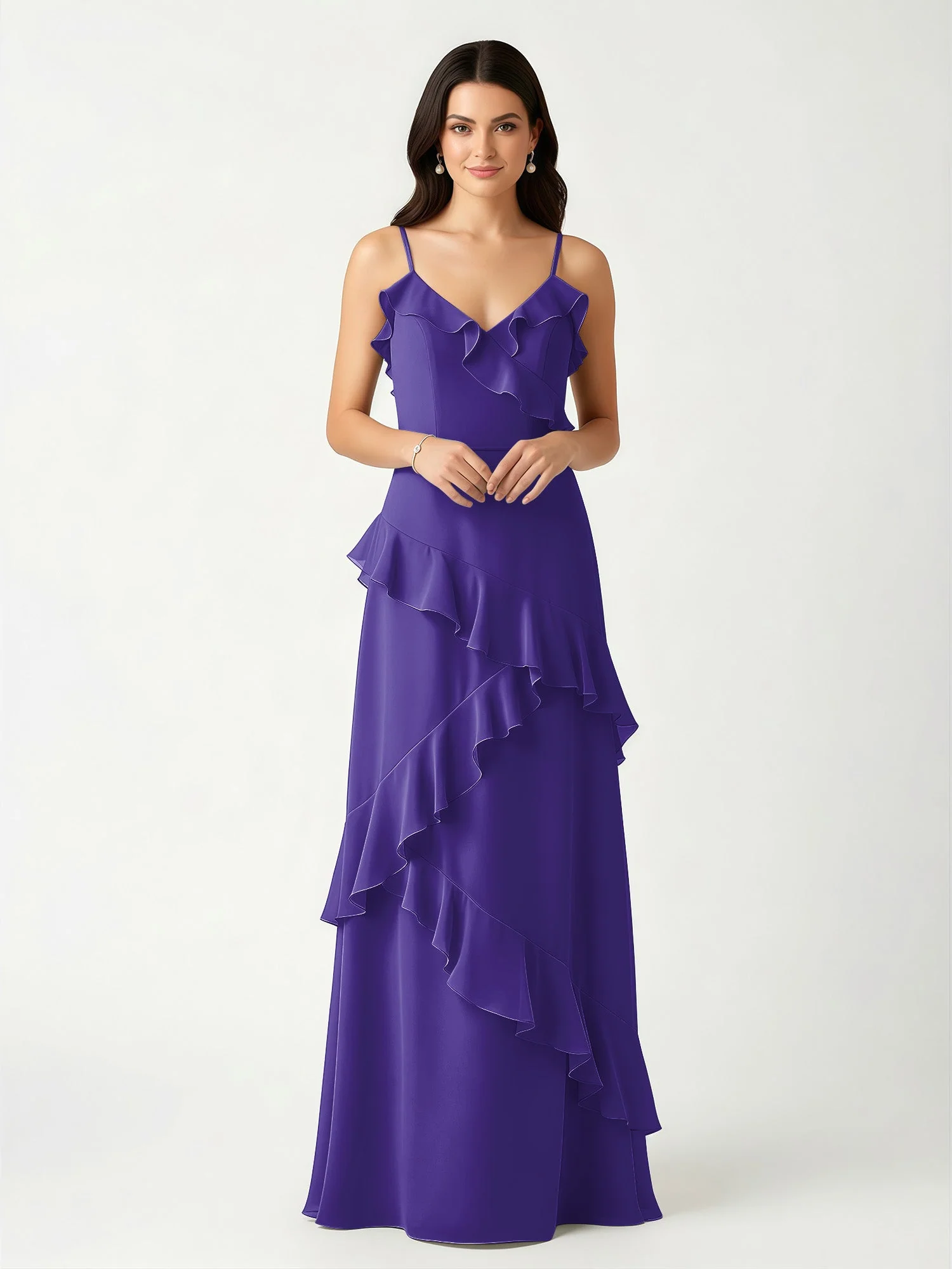 A-Linie Chiffon Rüschen Bodenlang V-Ausschnitt Kleid Regentschaft
