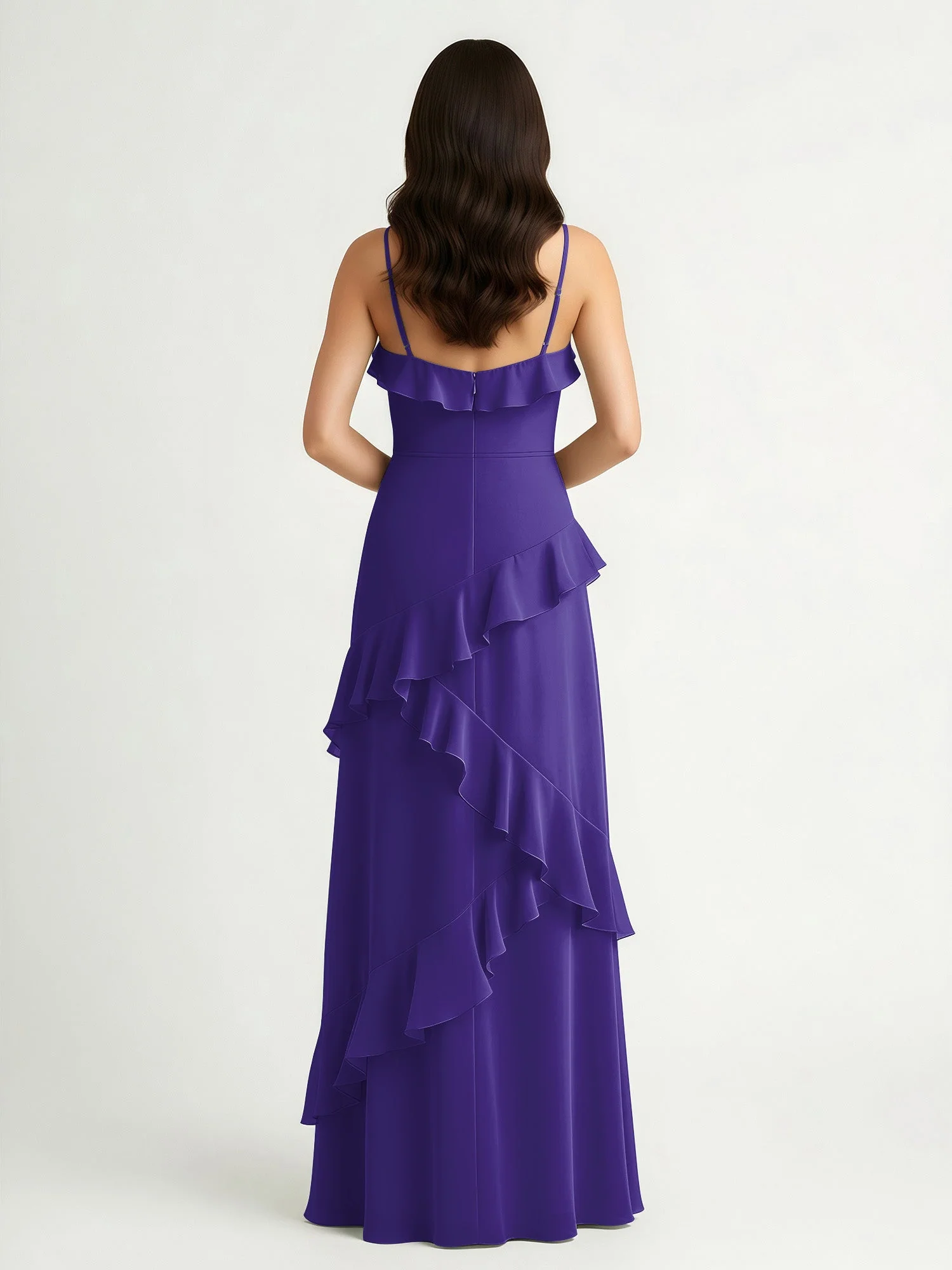 A-Linie Chiffon Rüschen Bodenlang V-Ausschnitt Kleid Regentschaft - Image 2