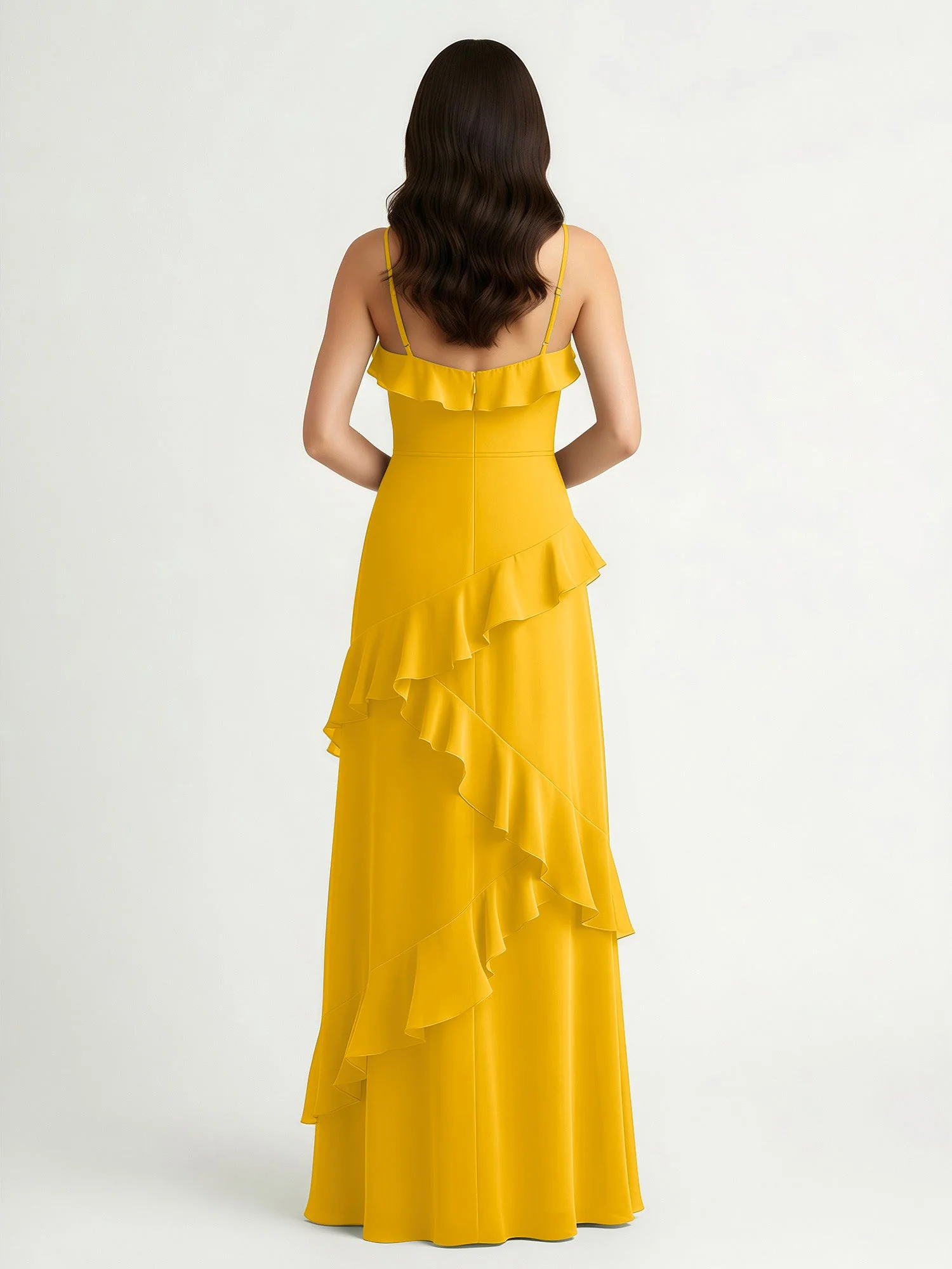 A-Linie Chiffon Rüschen Bodenlang V-Ausschnitt Kleid Ringelblume - Image 2