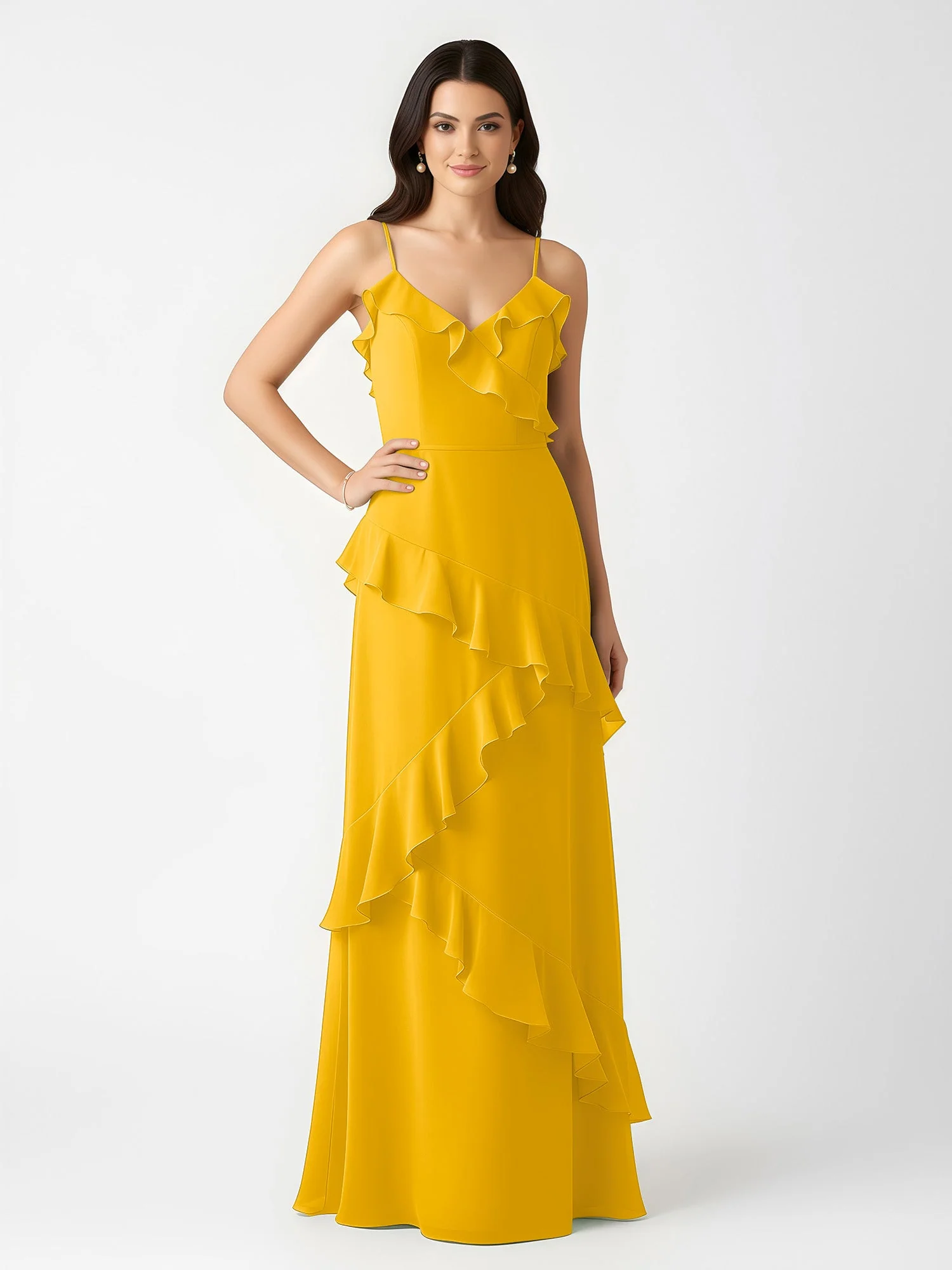 A-Linie Chiffon Rüschen Bodenlang V-Ausschnitt Kleid Ringelblume - Image 3