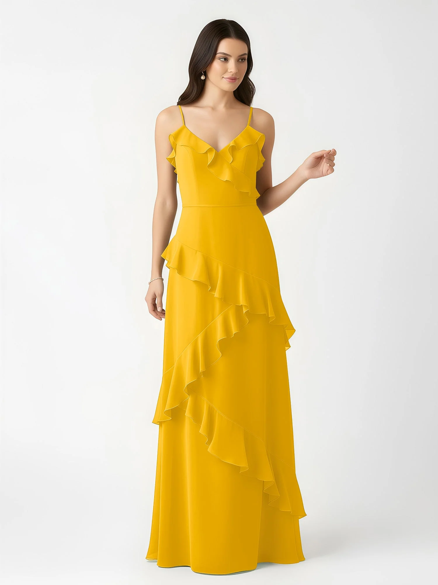 A-Linie Chiffon Rüschen Bodenlang V-Ausschnitt Kleid Ringelblume - Image 4