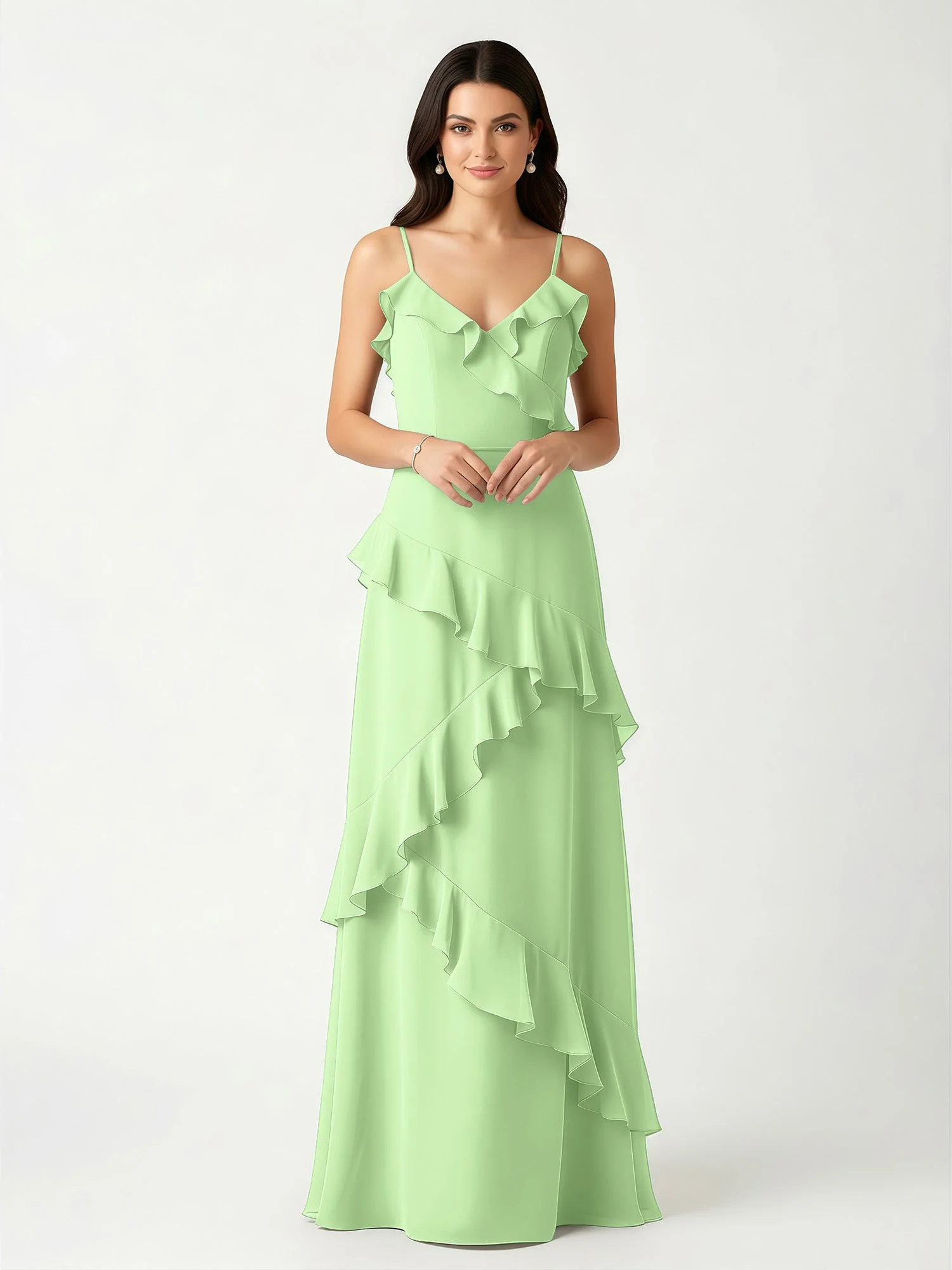 A-Linie Chiffon Rüschen Bodenlang V-Ausschnitt Kleid Salbei