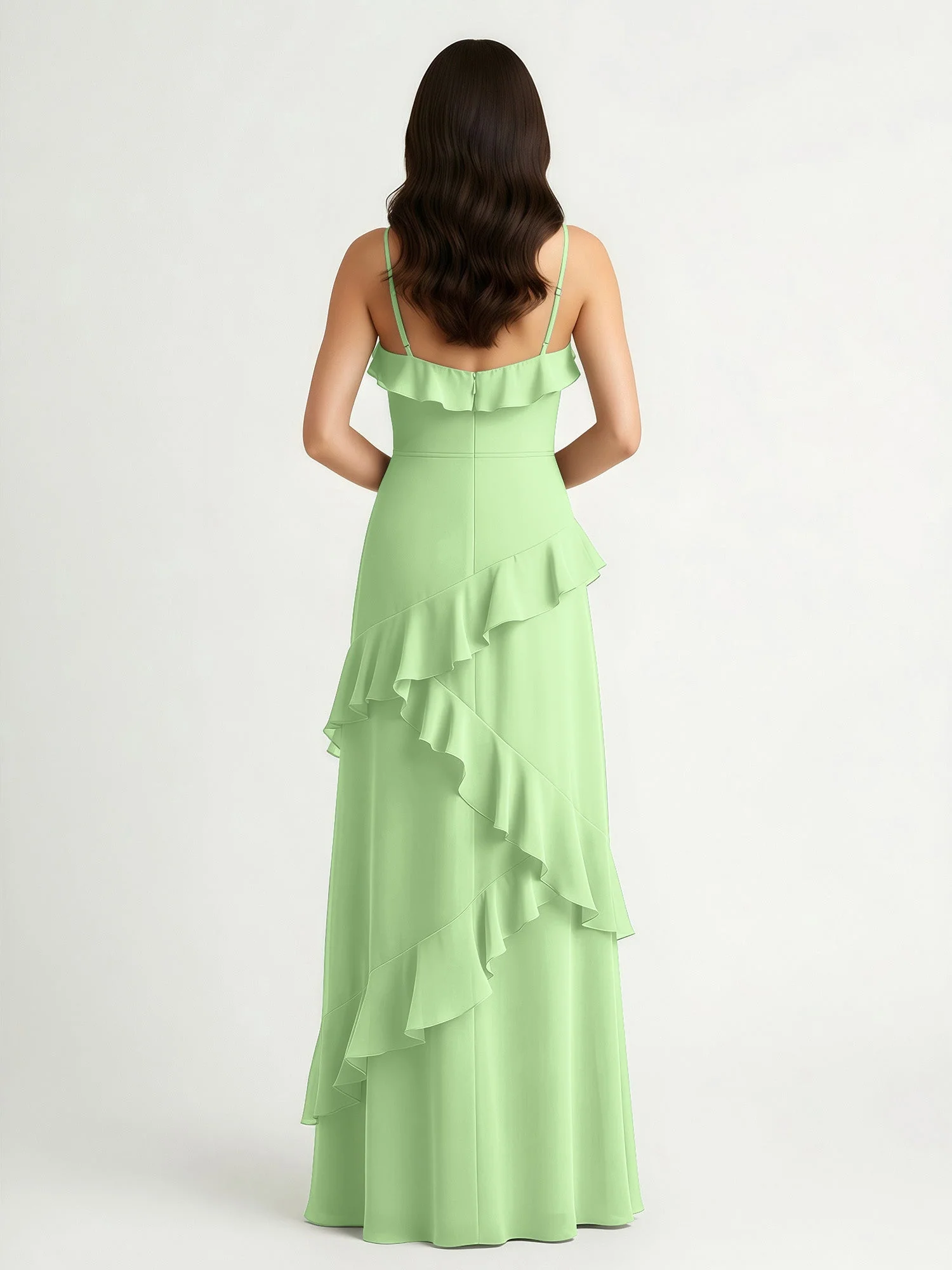 A-Linie Chiffon Rüschen Bodenlang V-Ausschnitt Kleid Salbei - Image 2