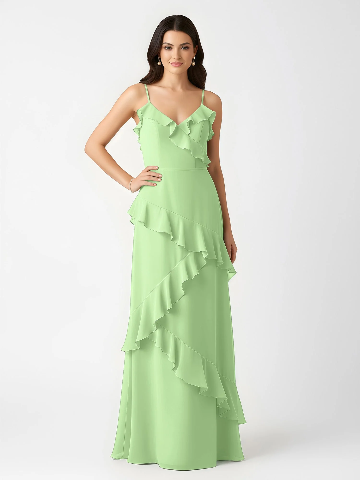 A-Linie Chiffon Rüschen Bodenlang V-Ausschnitt Kleid Salbei - Image 3